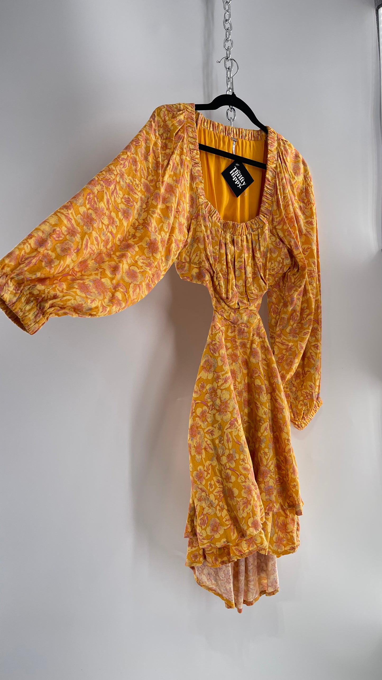 Free People Yellow Cut Out Golden Florals Dress with Ruched Bust and Balloon Sleeves (XS)