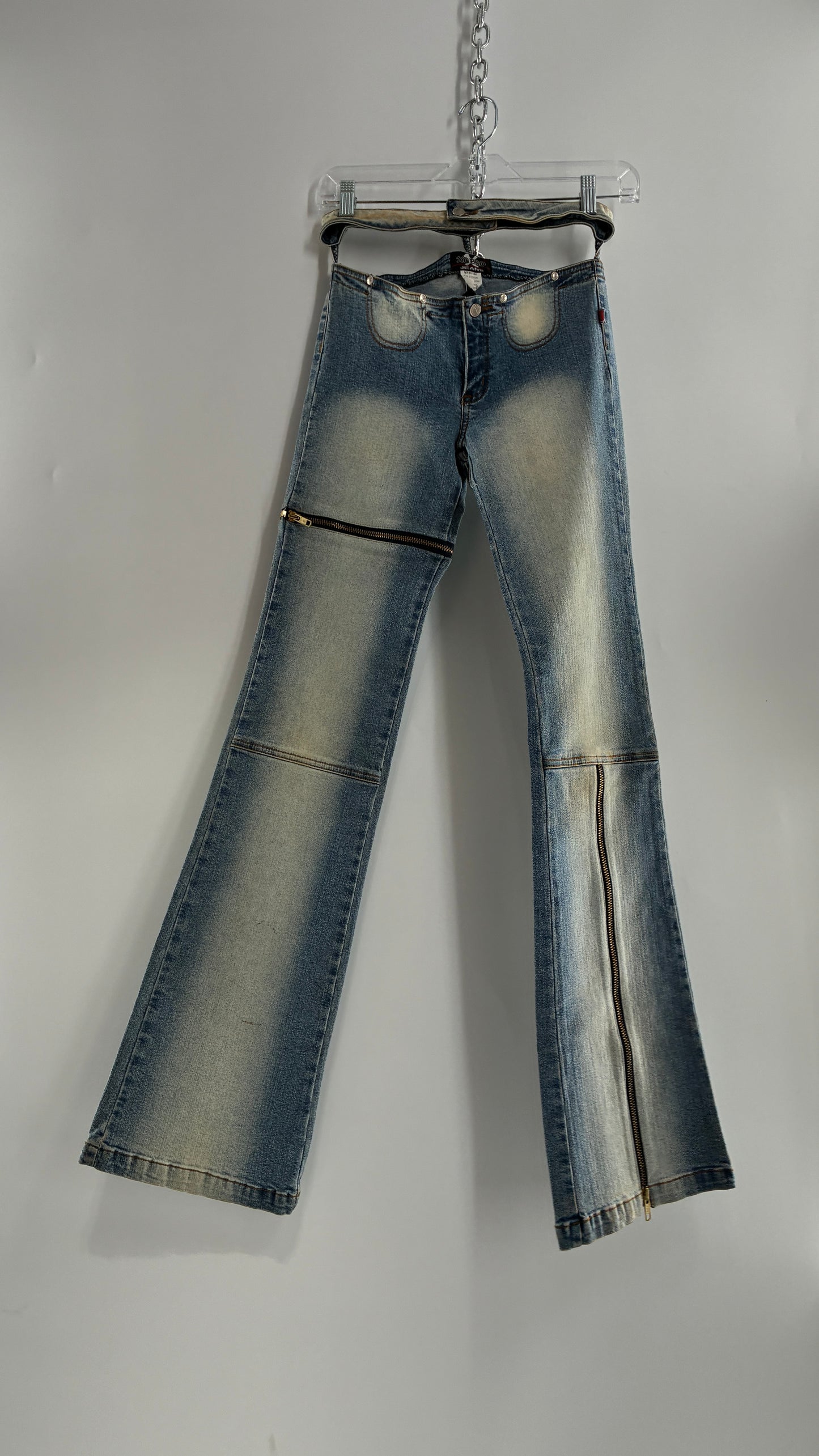 Vintage XCESO JEANS Rare Faded Double Waistband Kickflare Jeans with Functional Zipper Details (Medium*)
