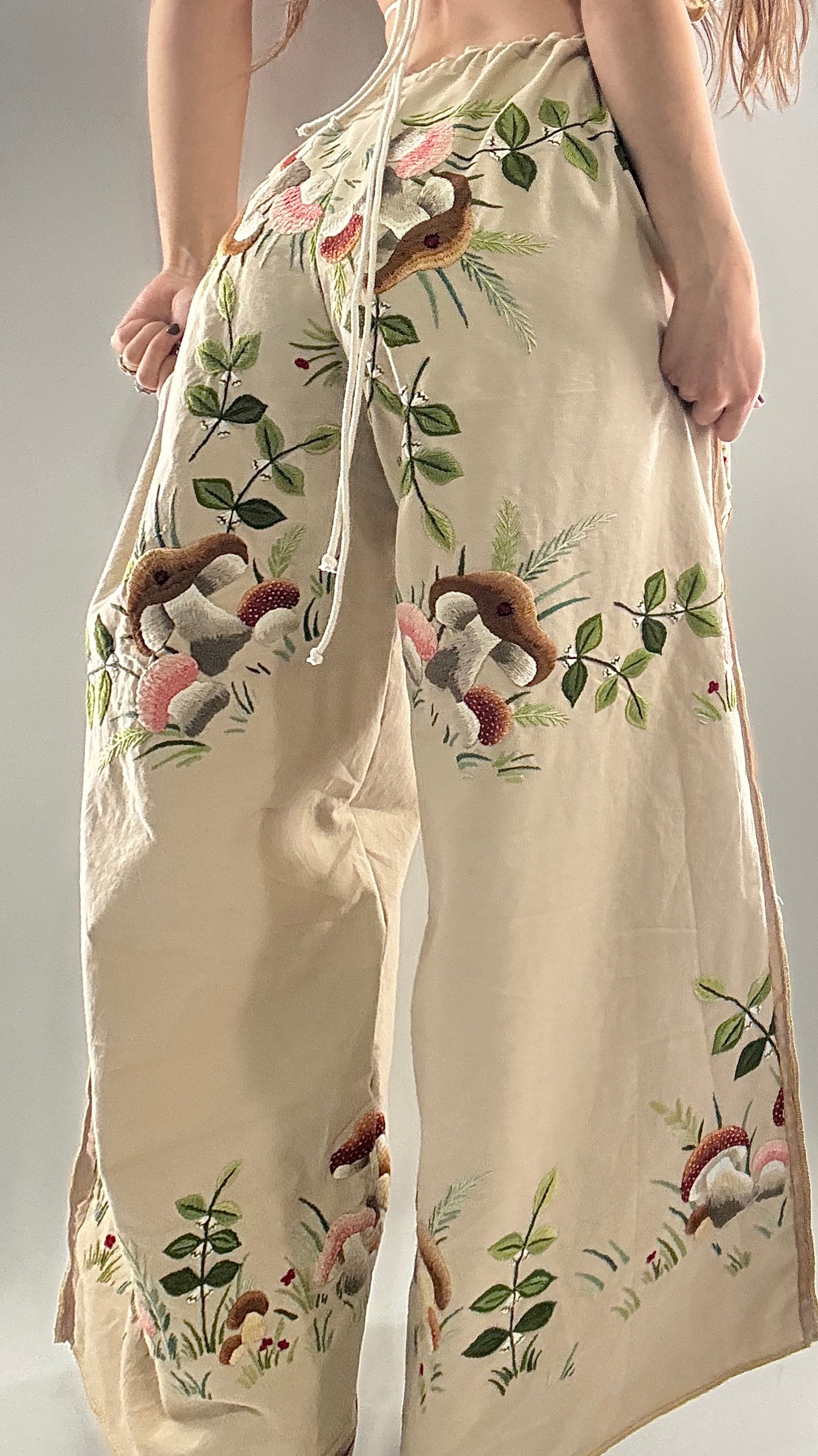 Vintage Custom Handmade and Hand Embroidered Two Piece Set with Mushrooms, Vines, and Ladybugs (XS-L)