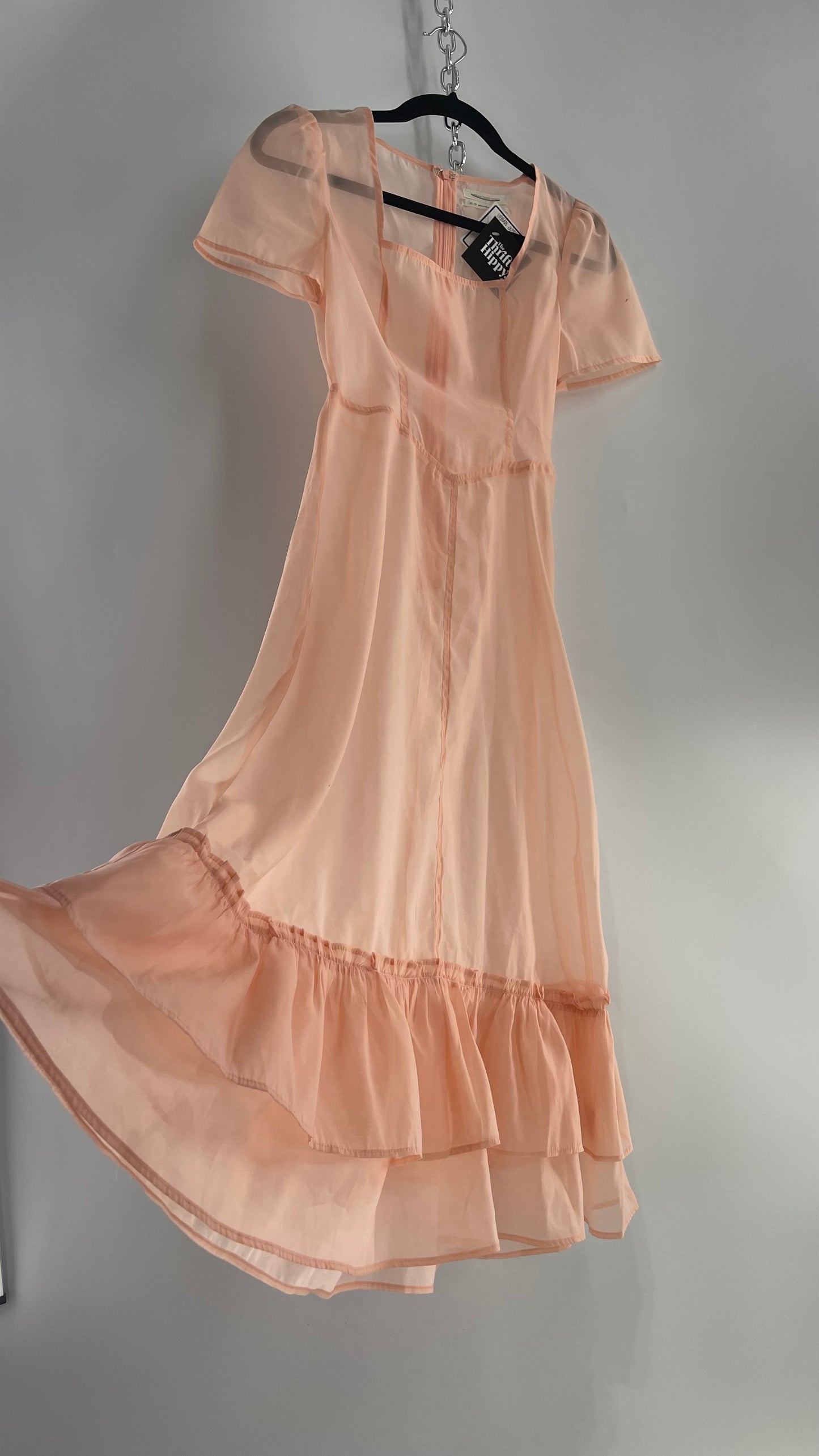 Urban Outfitters Pink/Peach Voile Vintage Inspired MIDI Dress with Ruffled Hem (XS)