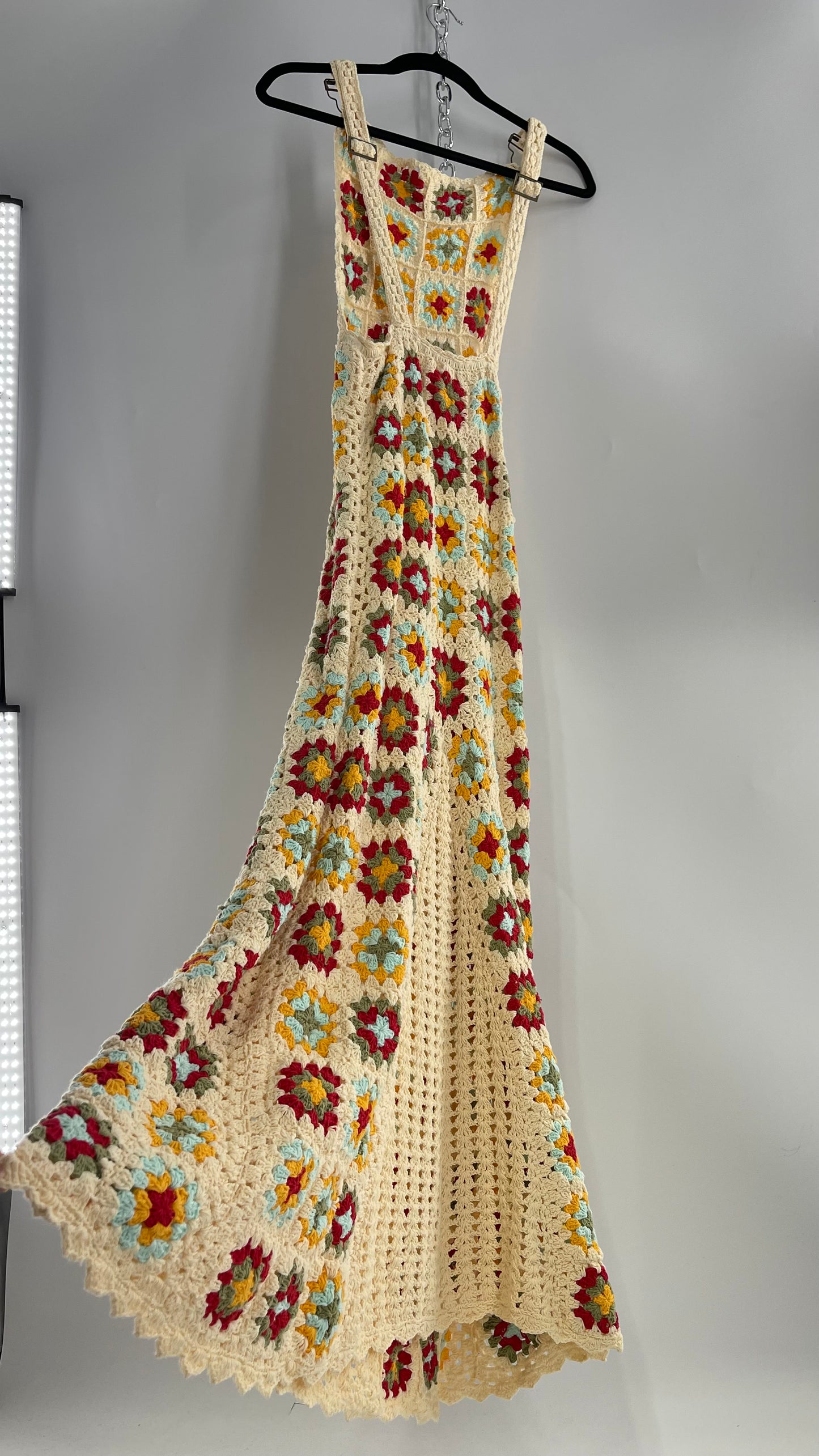 Free People Flook Beige Heavy Weight Crochet Granny Patchwork Overall Dress (Small)