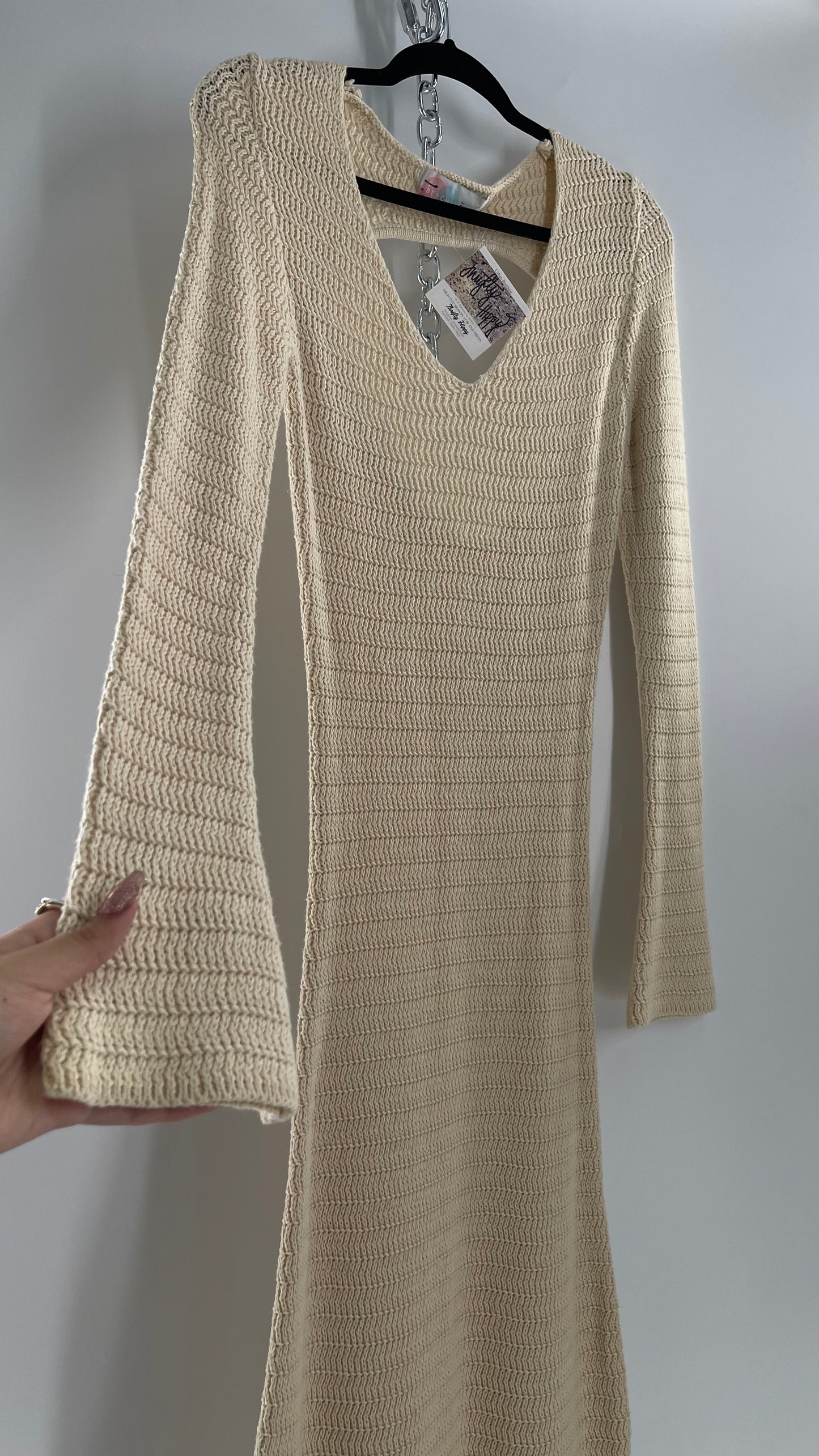 Free People Cozy Cream Knit Open Back Maxi Dress with Slight Bell Sleeve (Large)