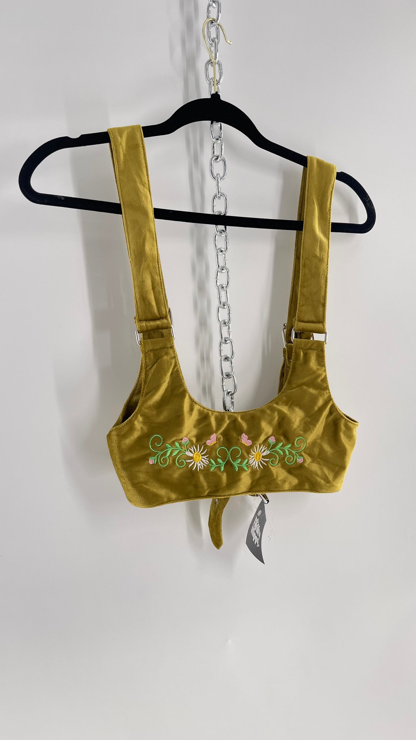 Urban Outfitters Greenish Gold Velour Body Harness with Embroidered Daisies and Butterflies (Large)