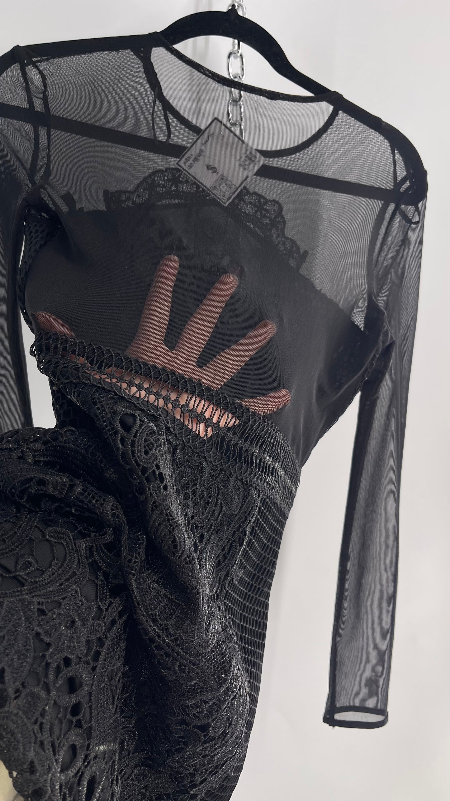 Mesh + Thick Lace Appliqué Mini Dress with Sheer Open Back (Small)