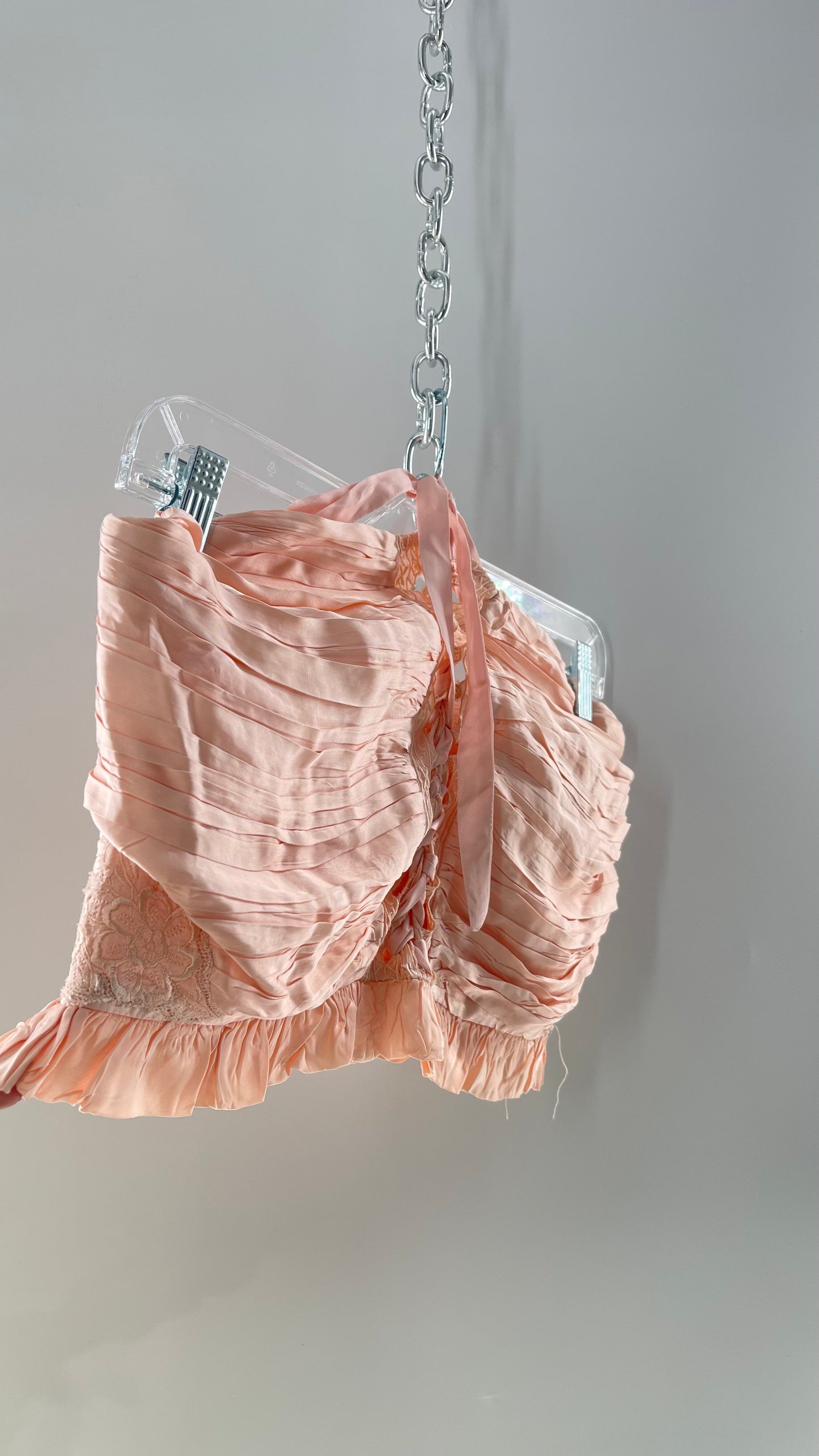 Free People Pink Viscose Pleated Tube Top with Ribbon Lace Up Bodice, Embroidered Flower Detail, and Ruffled Hem (Large)