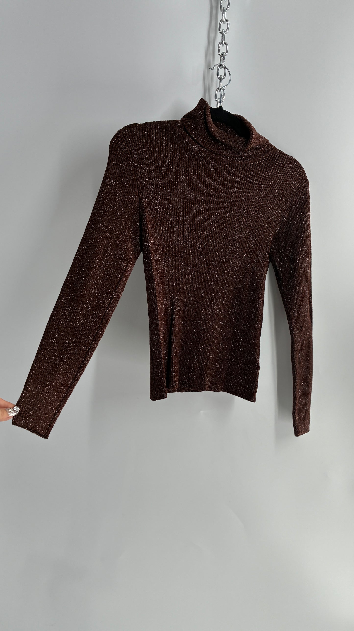WORTHINGTON Brown Sparkle Tinsel Ribbed Knit Turtle Neck (Small)