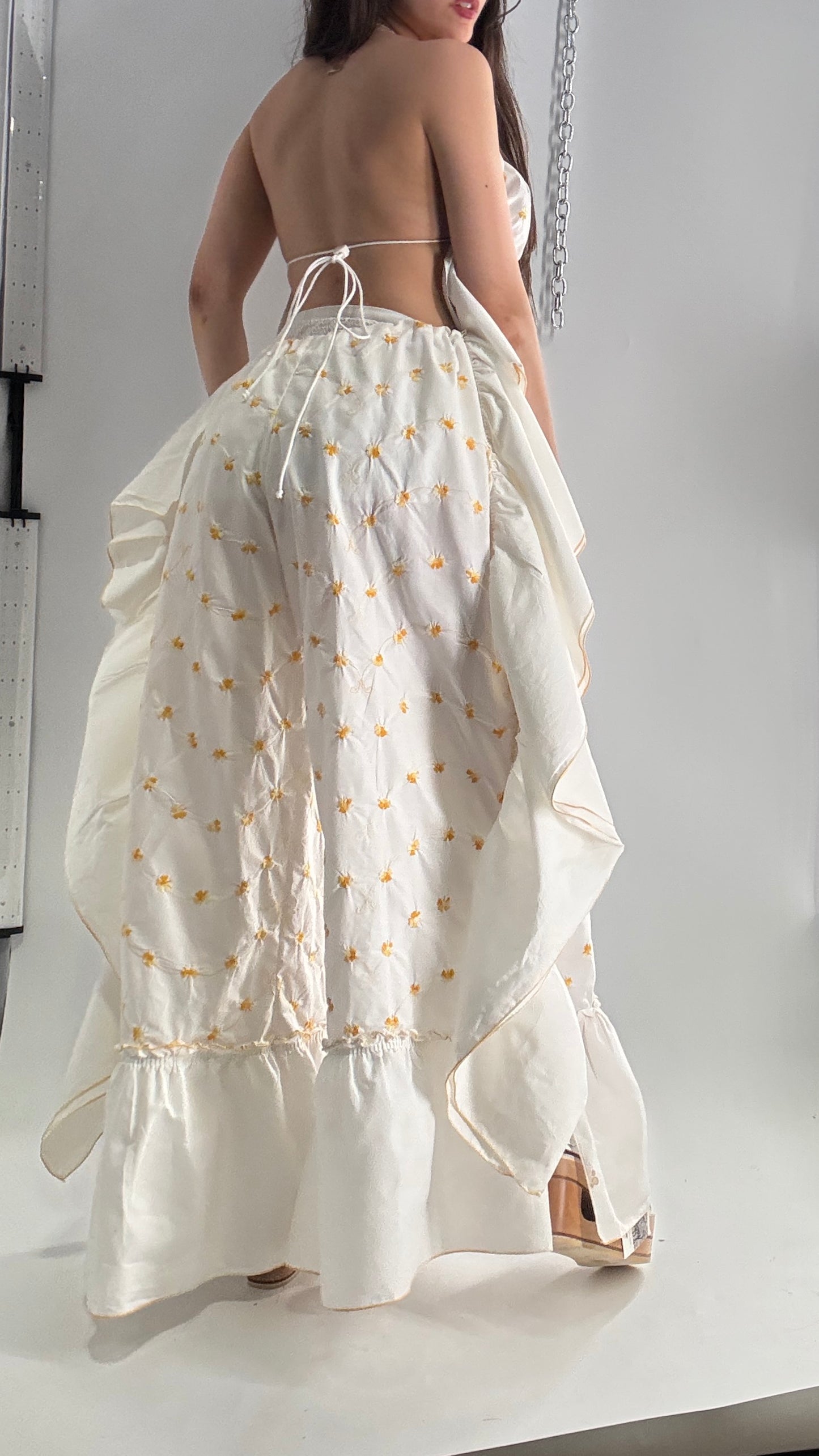 Vintage Handmade Angeline 2pc Set with Ruffled Pant, Embroidered Daisy Pattern, and Bustier Camisole with Adjustable Drawstring Bustline and Waistline (XS-L)