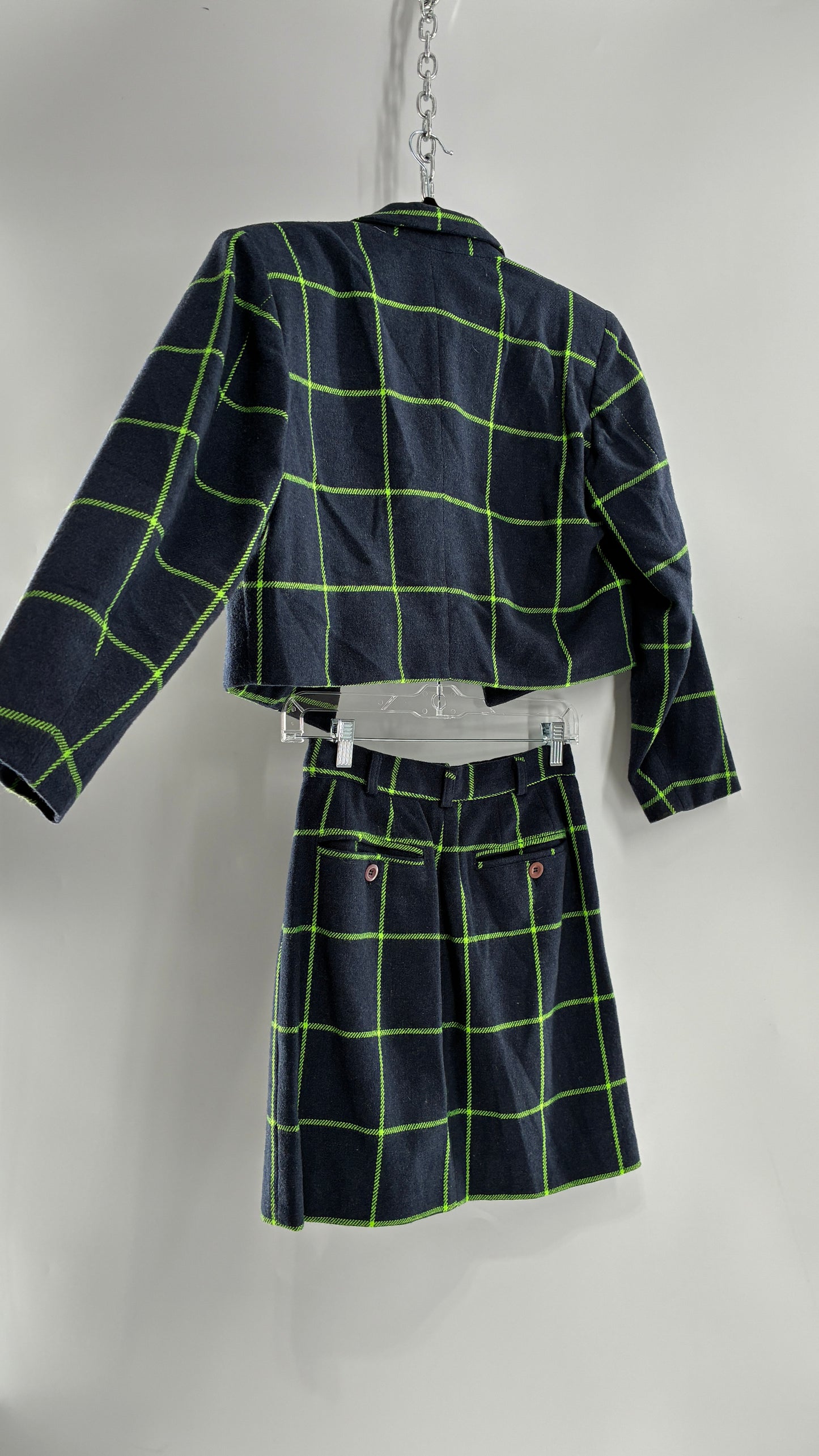 Vintage FIORUCCI GANG Navy and Neon Green Plaid Suit Set with Cropped Blazer and Mini Skirt (40,42)