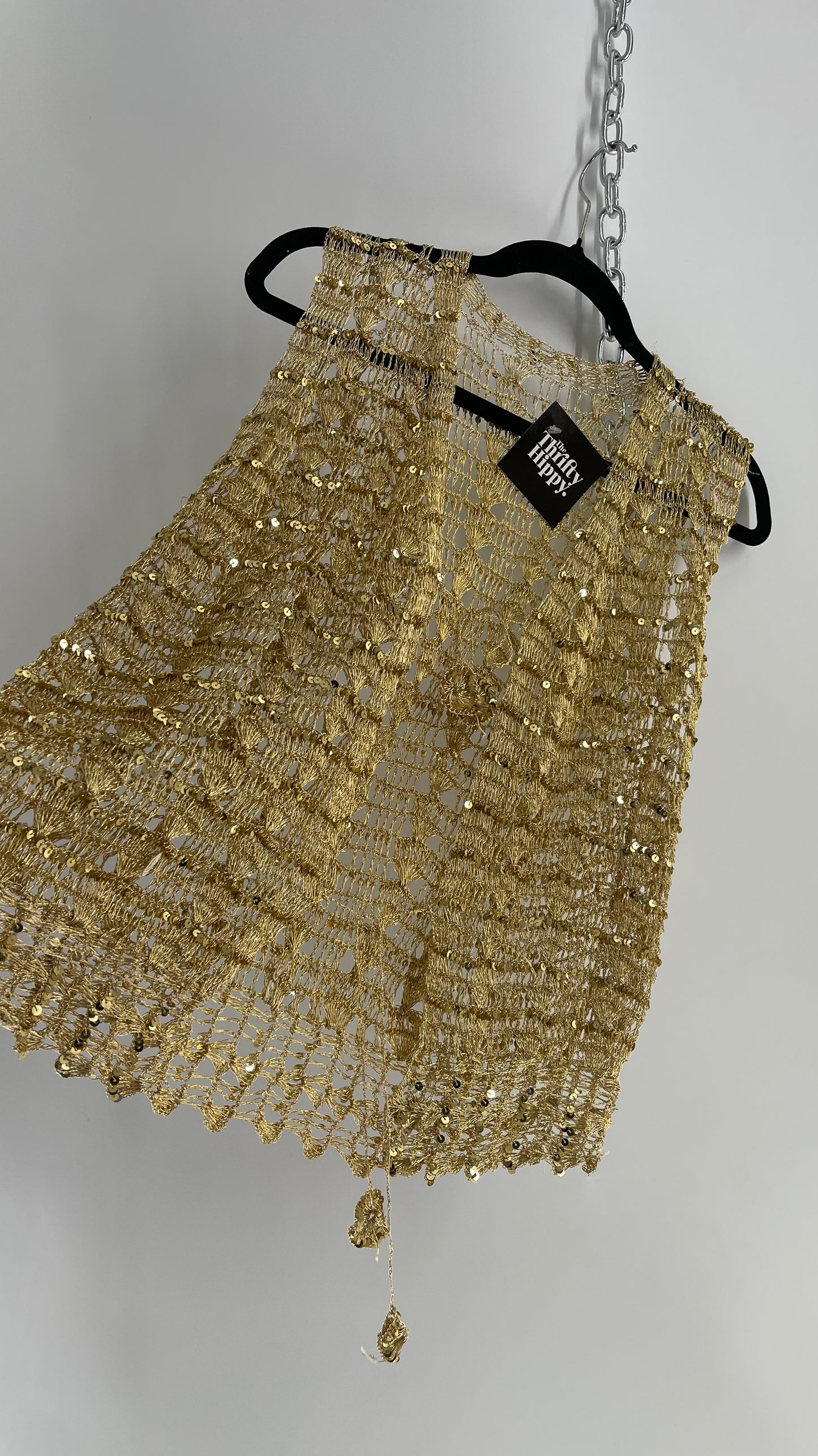 Vintage Gold Crochet Sequin Tie Bust Vest (S/M)