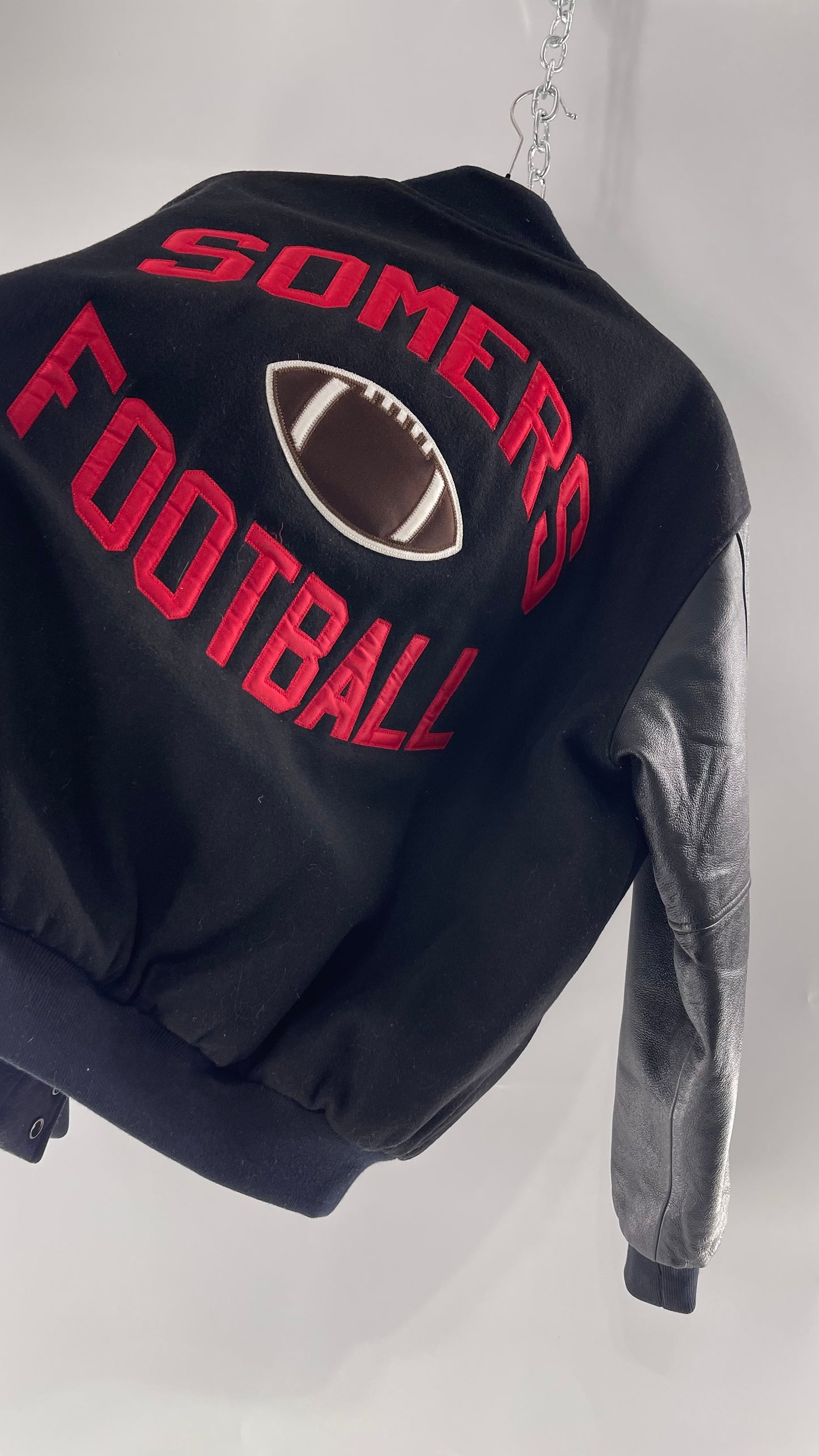 Vintage Somers Football Varsity Jacket with Leather Sleeves “Matt” Embroidery and Red Lettering (XL)