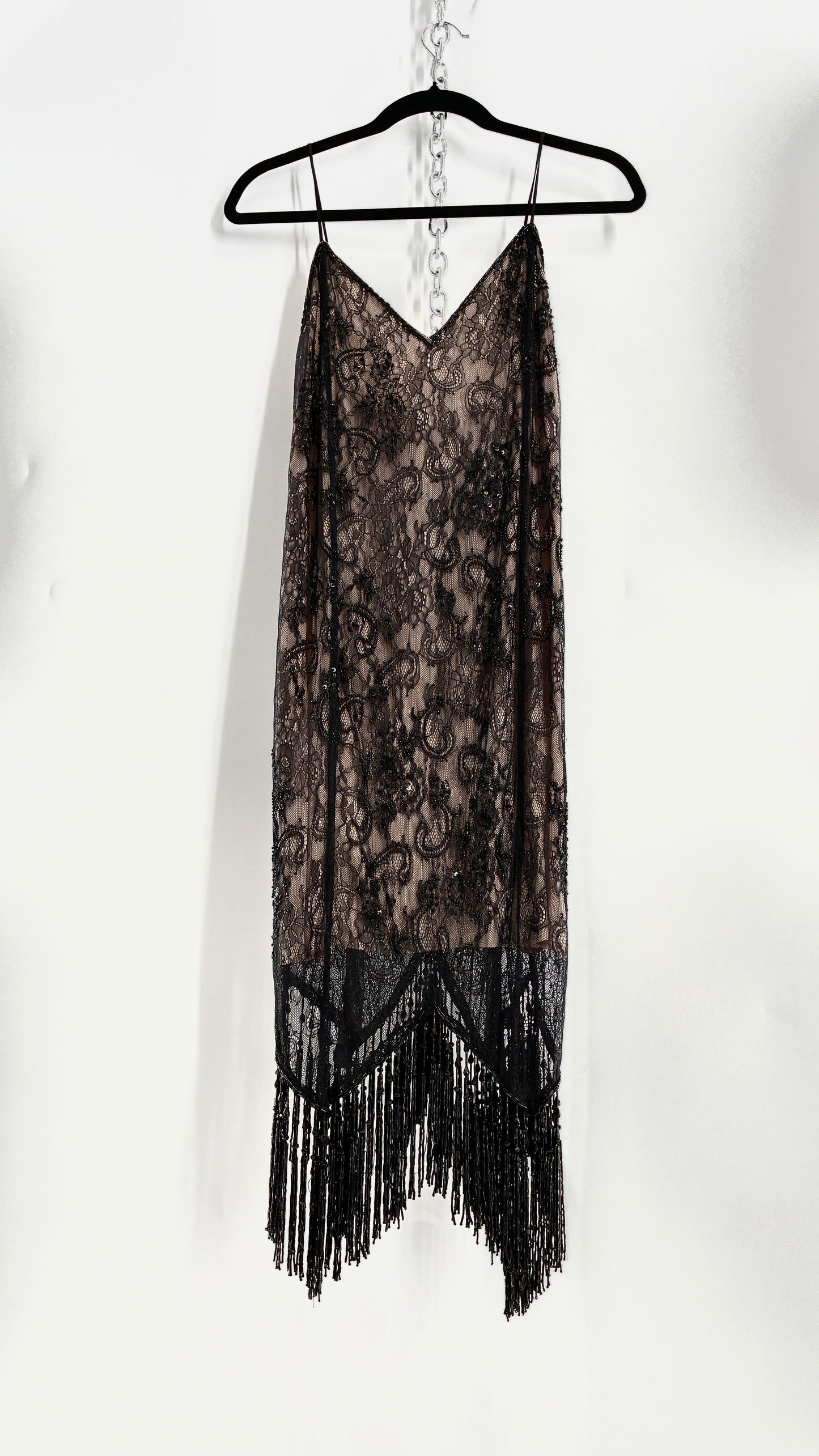 Vintage Haute Hippie Black Lace Nude Underlay Dress with Pointed Heavily Beaded Fringe Hem (2)