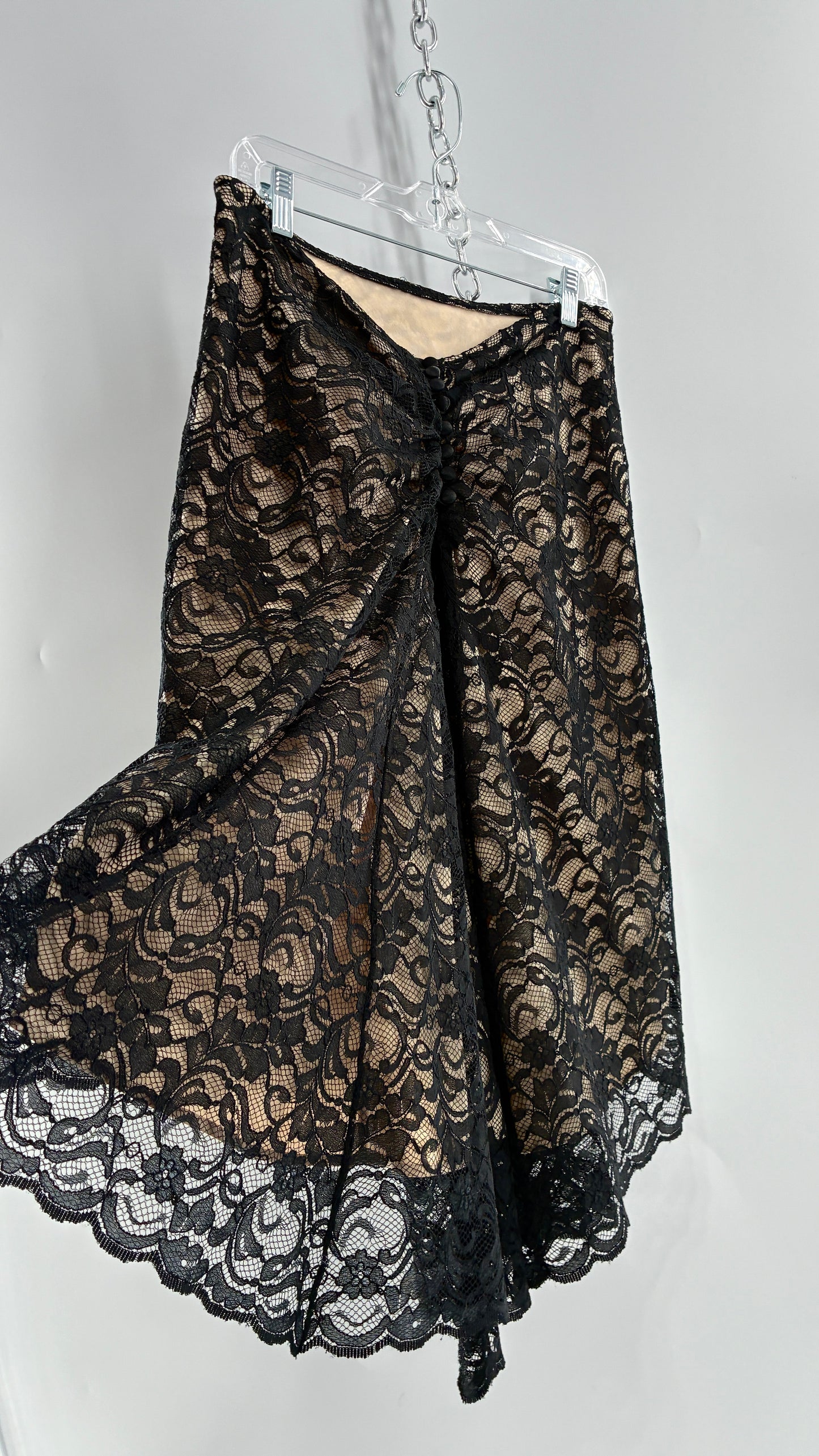 Vintage HEART MOON STARS Black Lace Overlay + Nude Underlay Skirt with Low Wired Back, Ruched Bum, and Button Down Back(8)