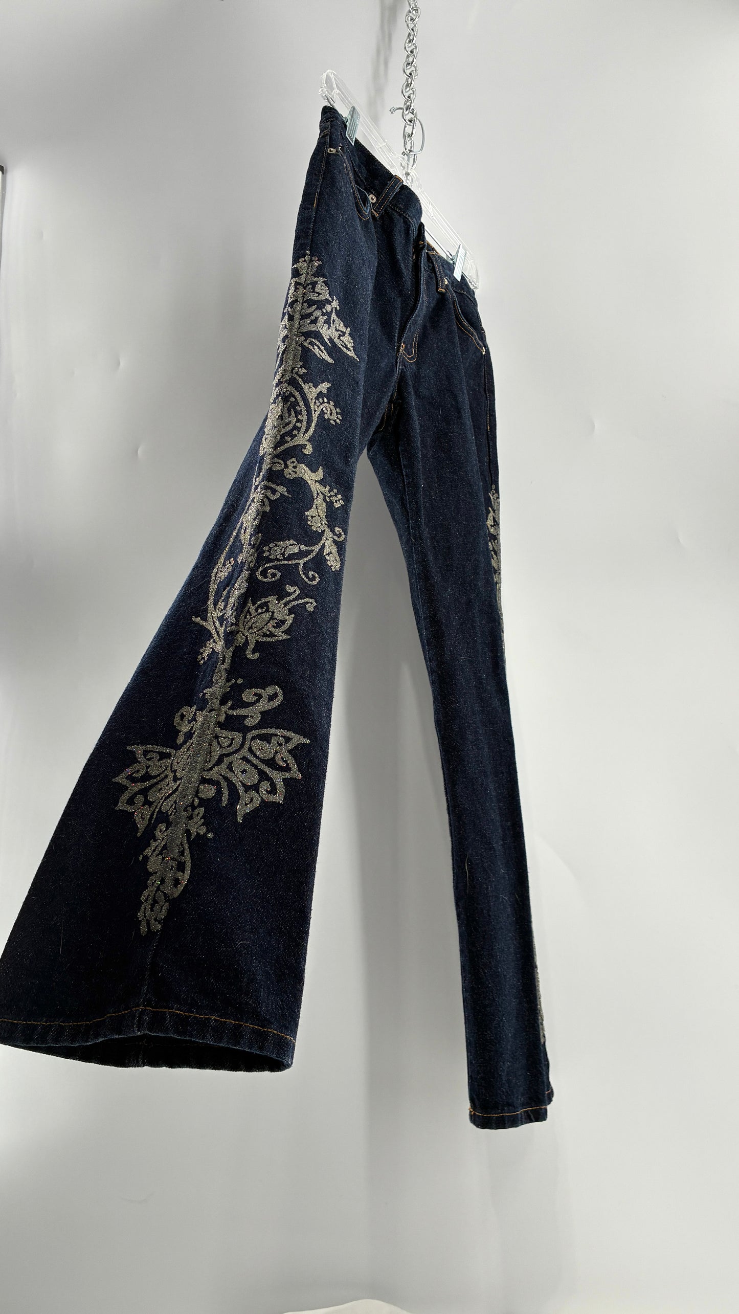 Vintage EXPRESS JEANS Dark Wash with Iridescent, Embellished, Textured Design Running Down Pant Leg (3/4)