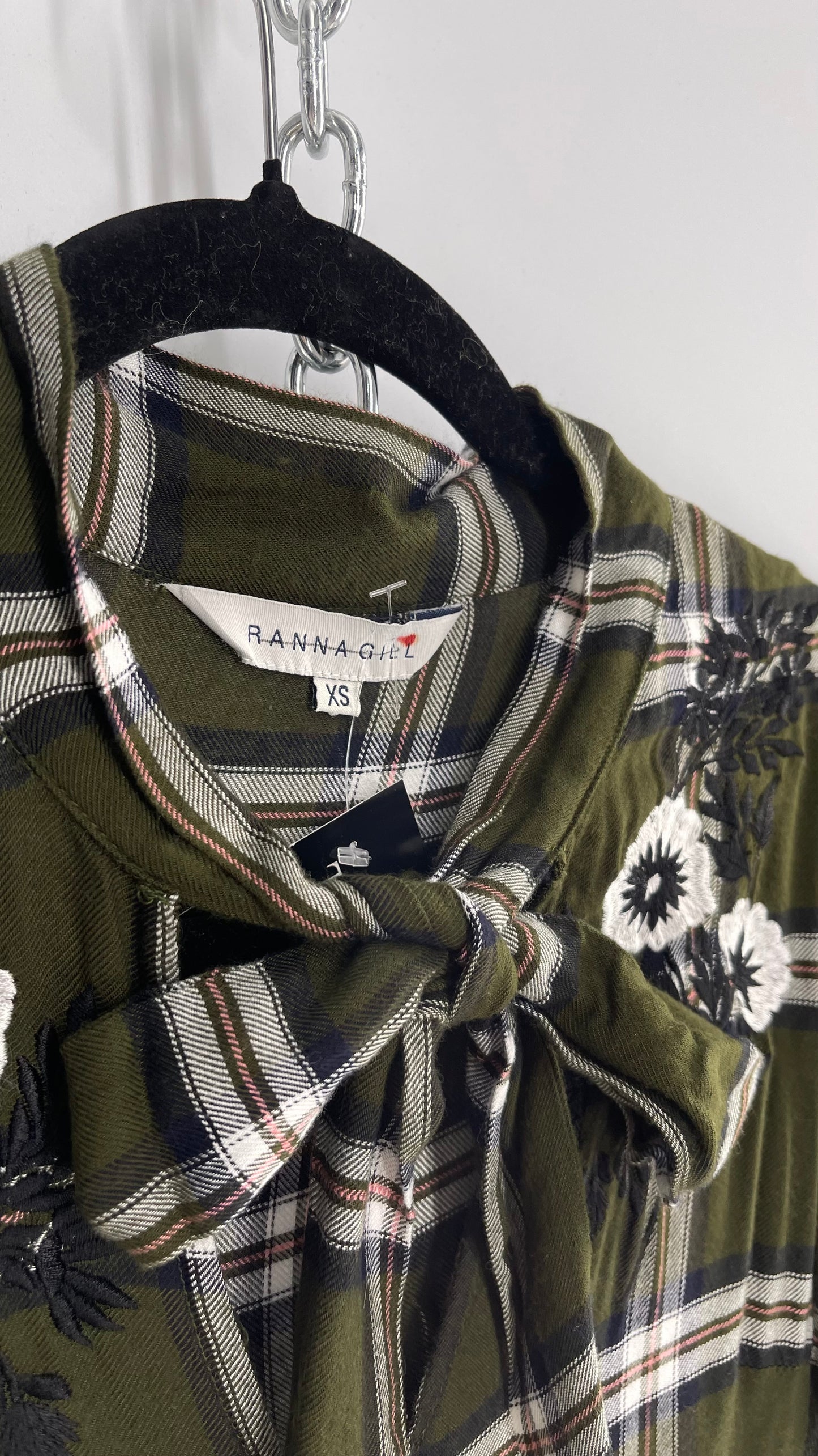 Ranna Gill Anthropologie Army Green Plaid Dress with Floral Embroidery and Bow Tie Detail (XS)