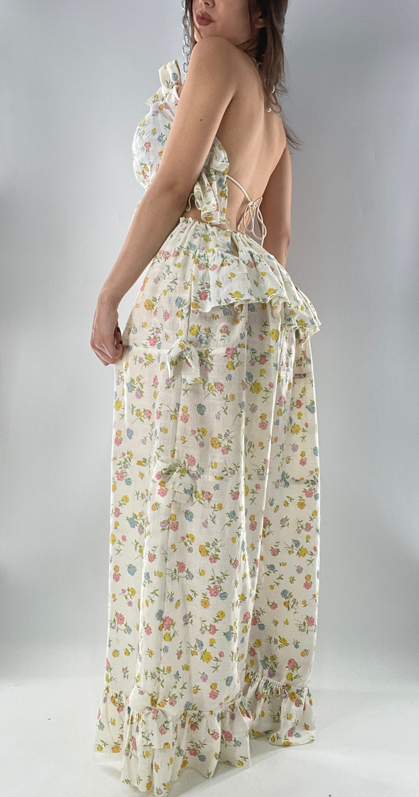 Vintage 2 Piece Floral Babydoll Set with Adjustable Top and Adjustable Pants Featuring Bow Sides and Ruffles Bum (One Size)
