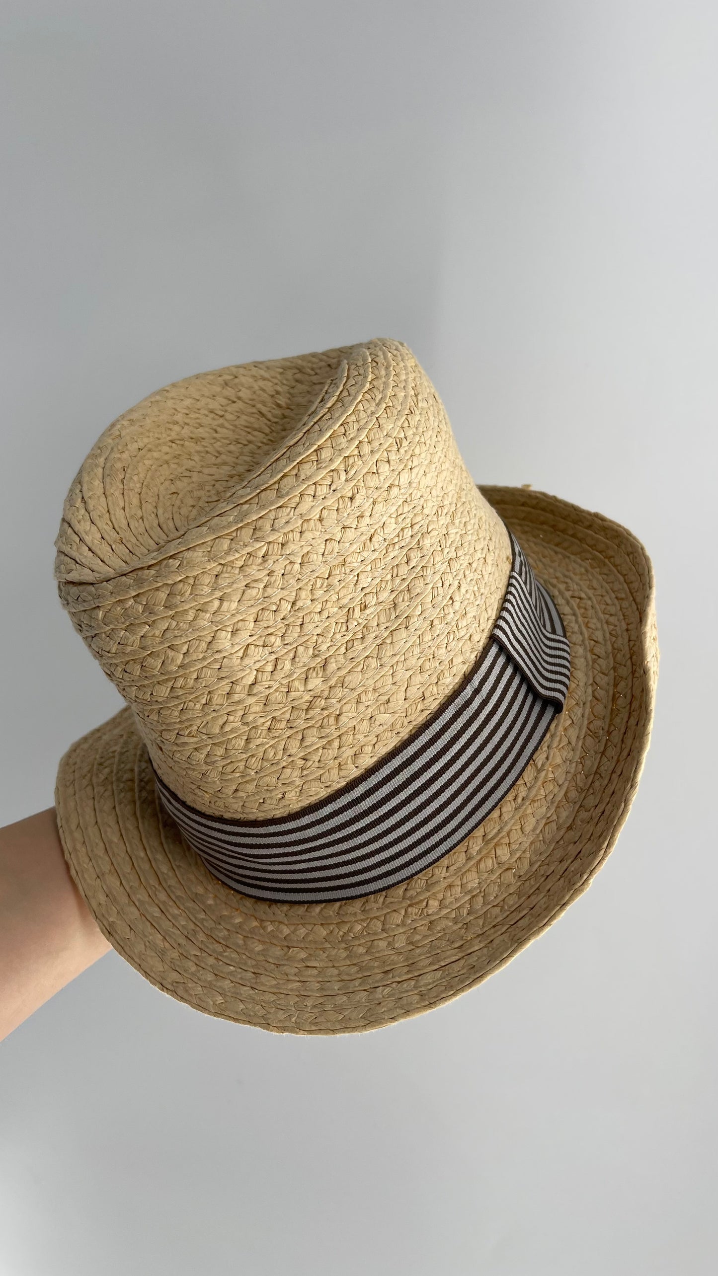Vintage Straw Fedora with Striped Ribbon