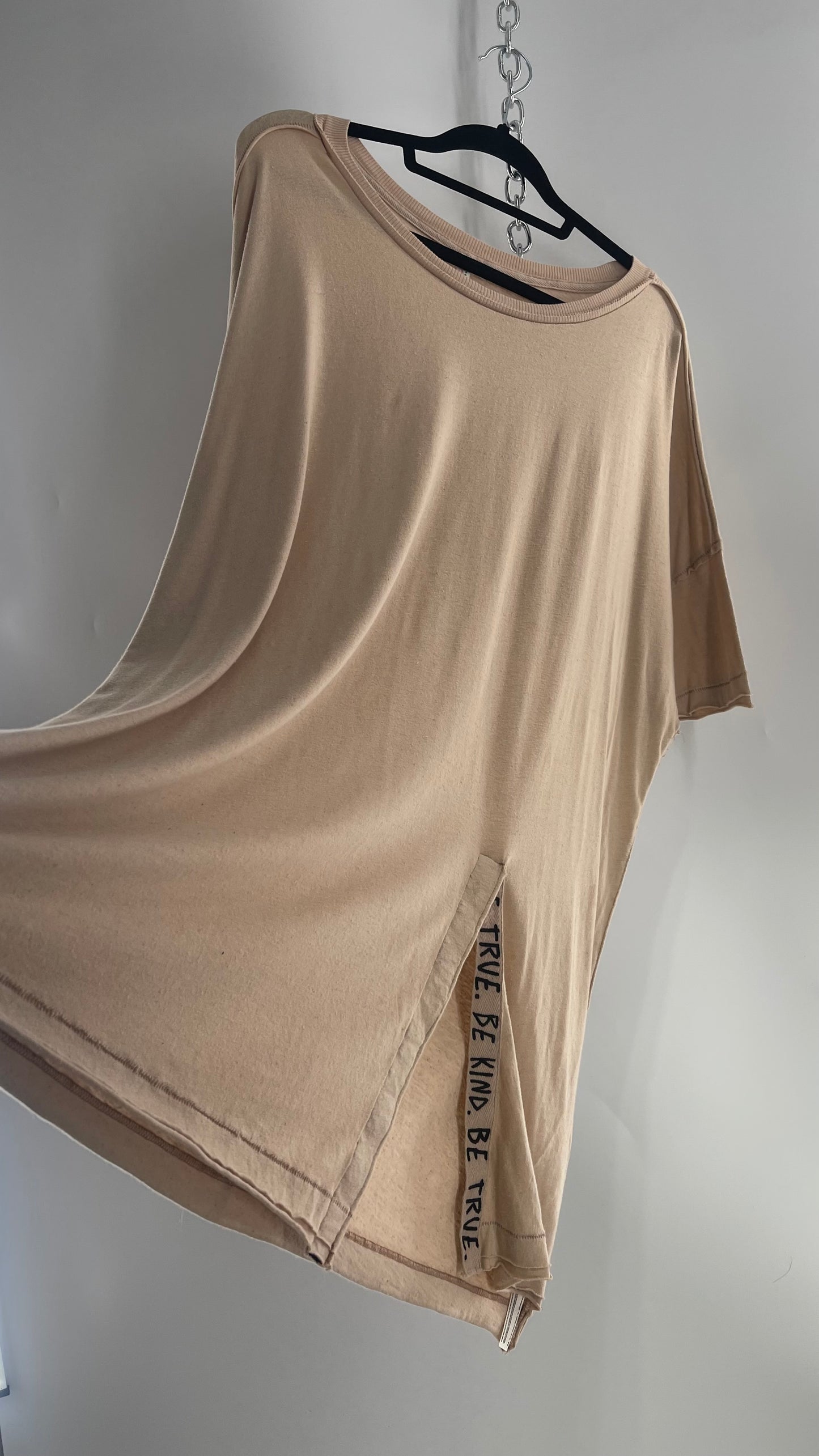 Free People Movement Oversized Light Beige Short Sleeve T-Shirt with Slit Embroidered Detail (Size XS)