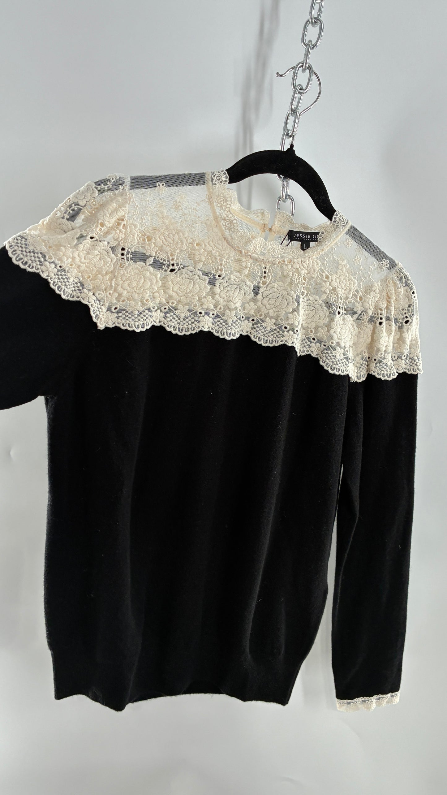 JESSIE LIU Amari Black 100% Merino Wool Sweater with Ivory Lace Neckline and Cuffs (Large)