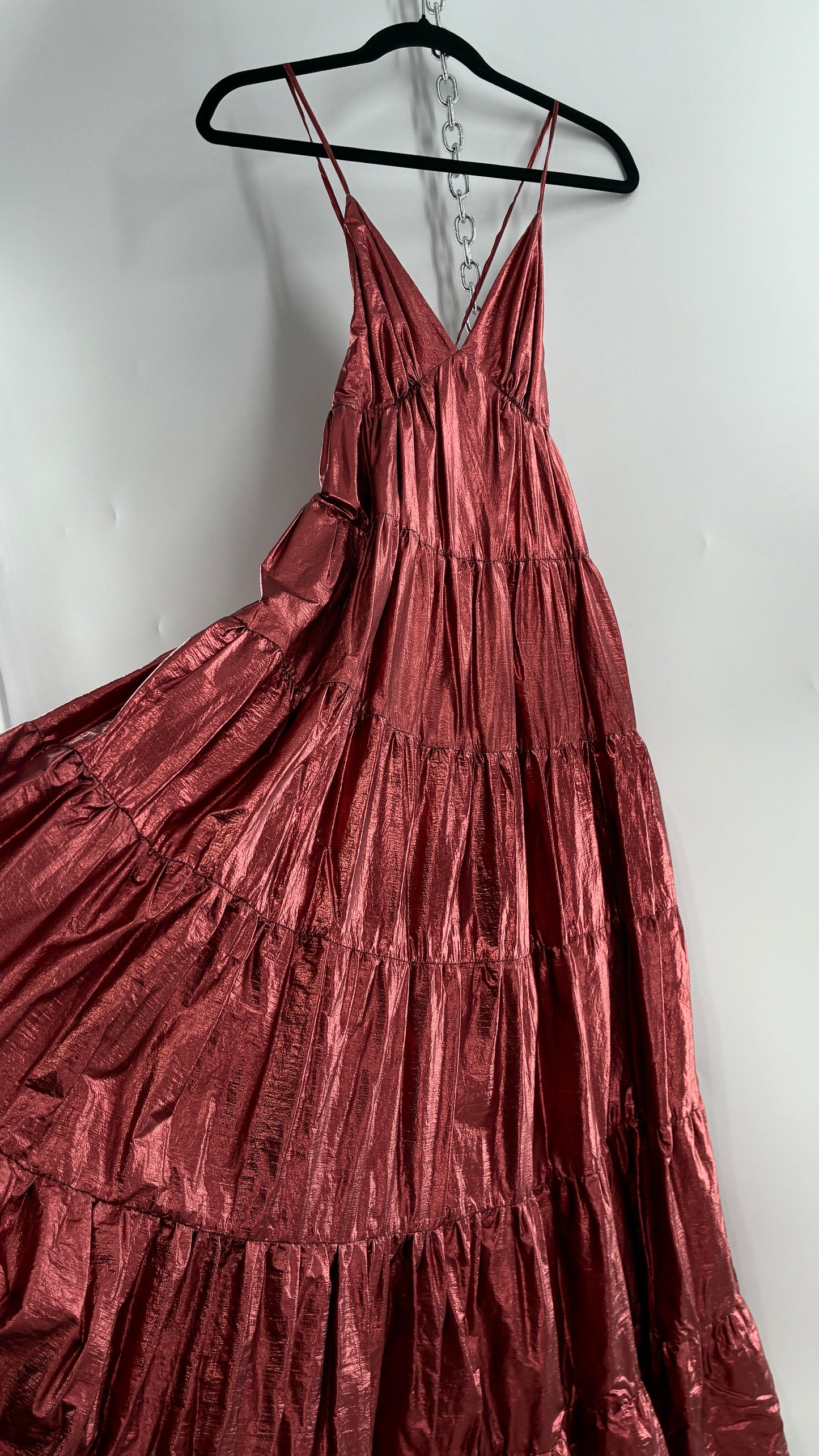 HUTCH Red Metallic Tiered Voluminous Maxi Gown (XS)