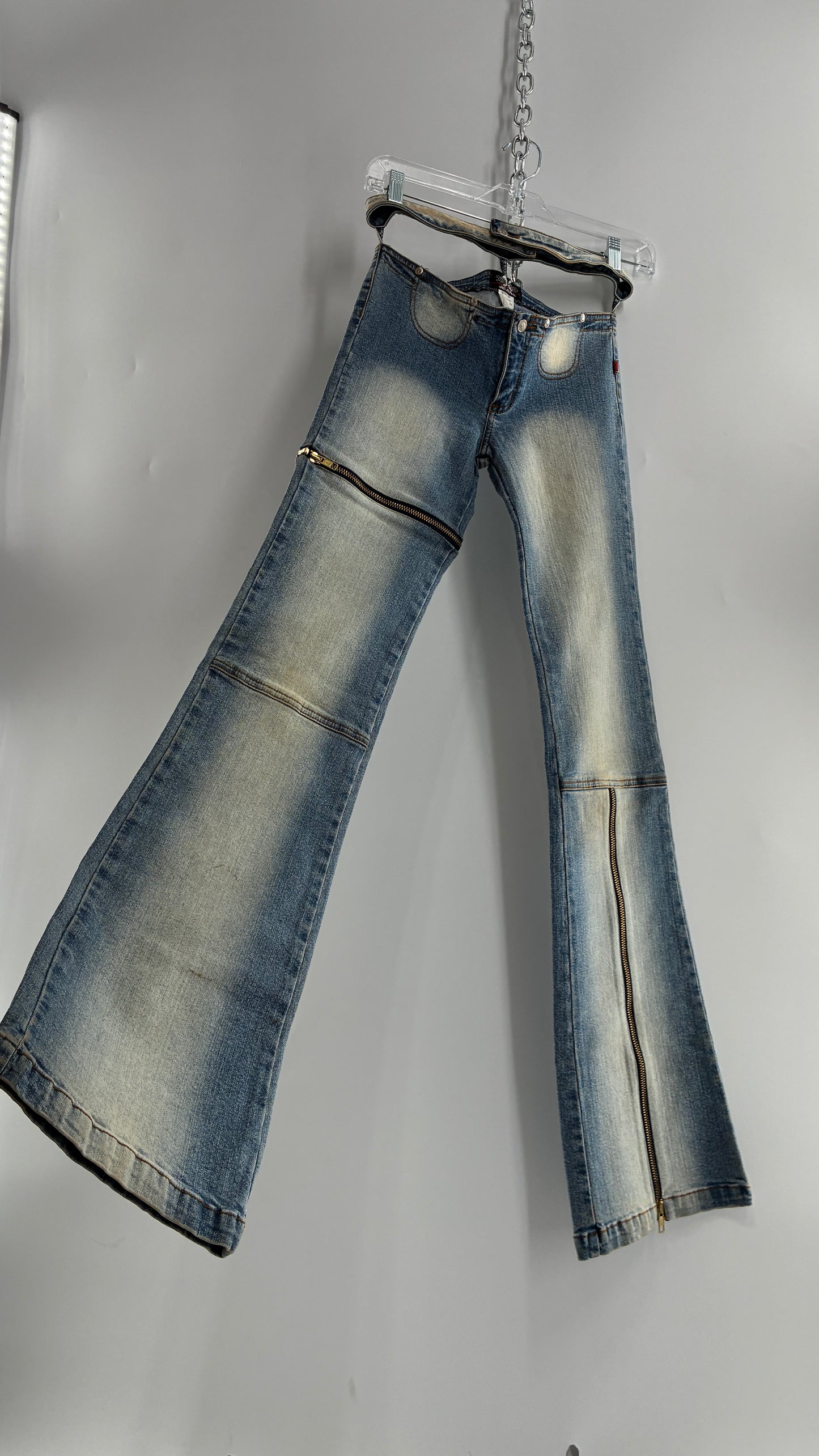 Vintage XCESO JEANS Rare Faded Double Waistband Kickflare Jeans with Functional Zipper Details (Medium*)