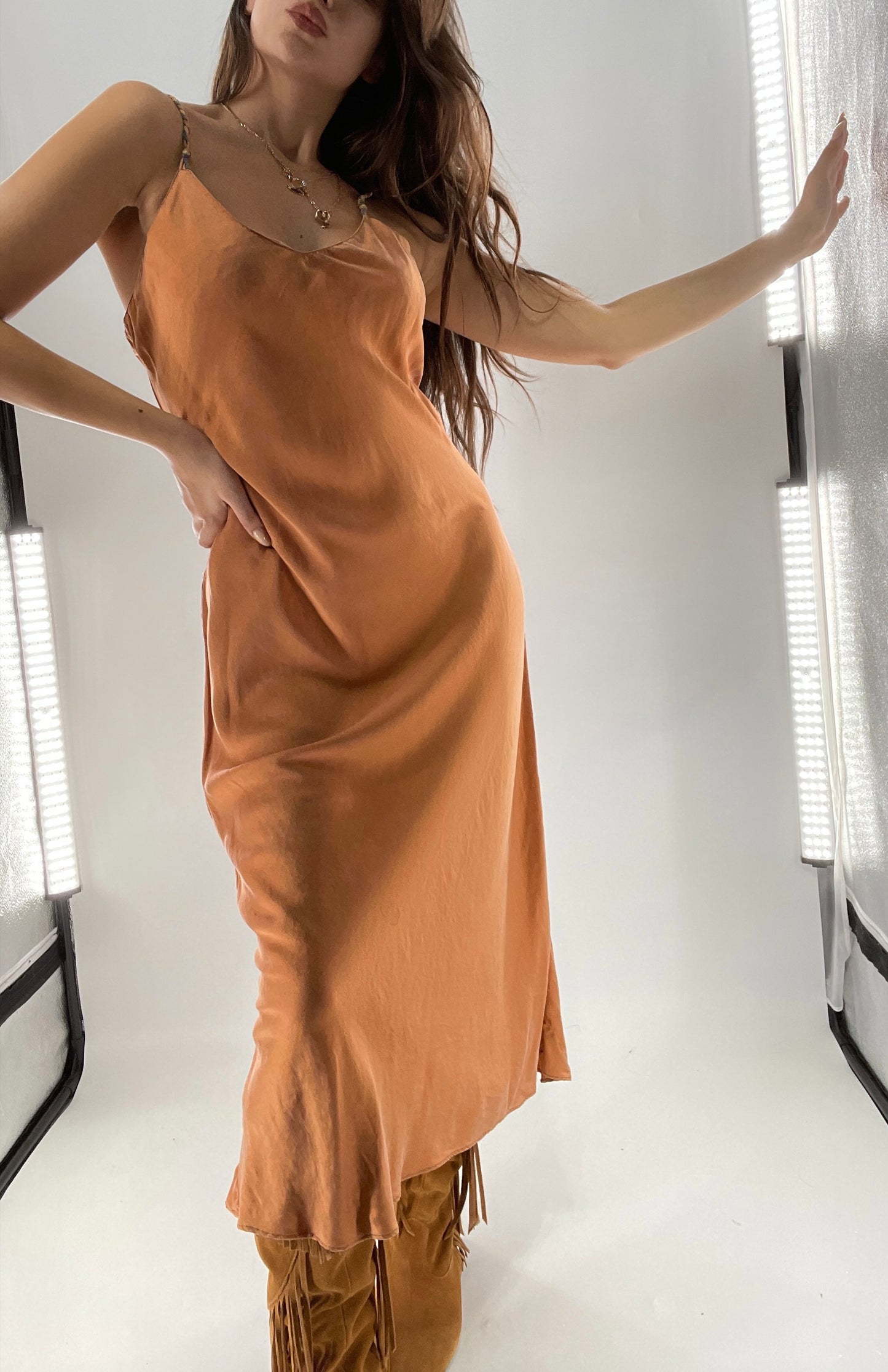 DIANE GILMAN 100% Silk Terracotta Clay Toned Tan Dress (Medium)