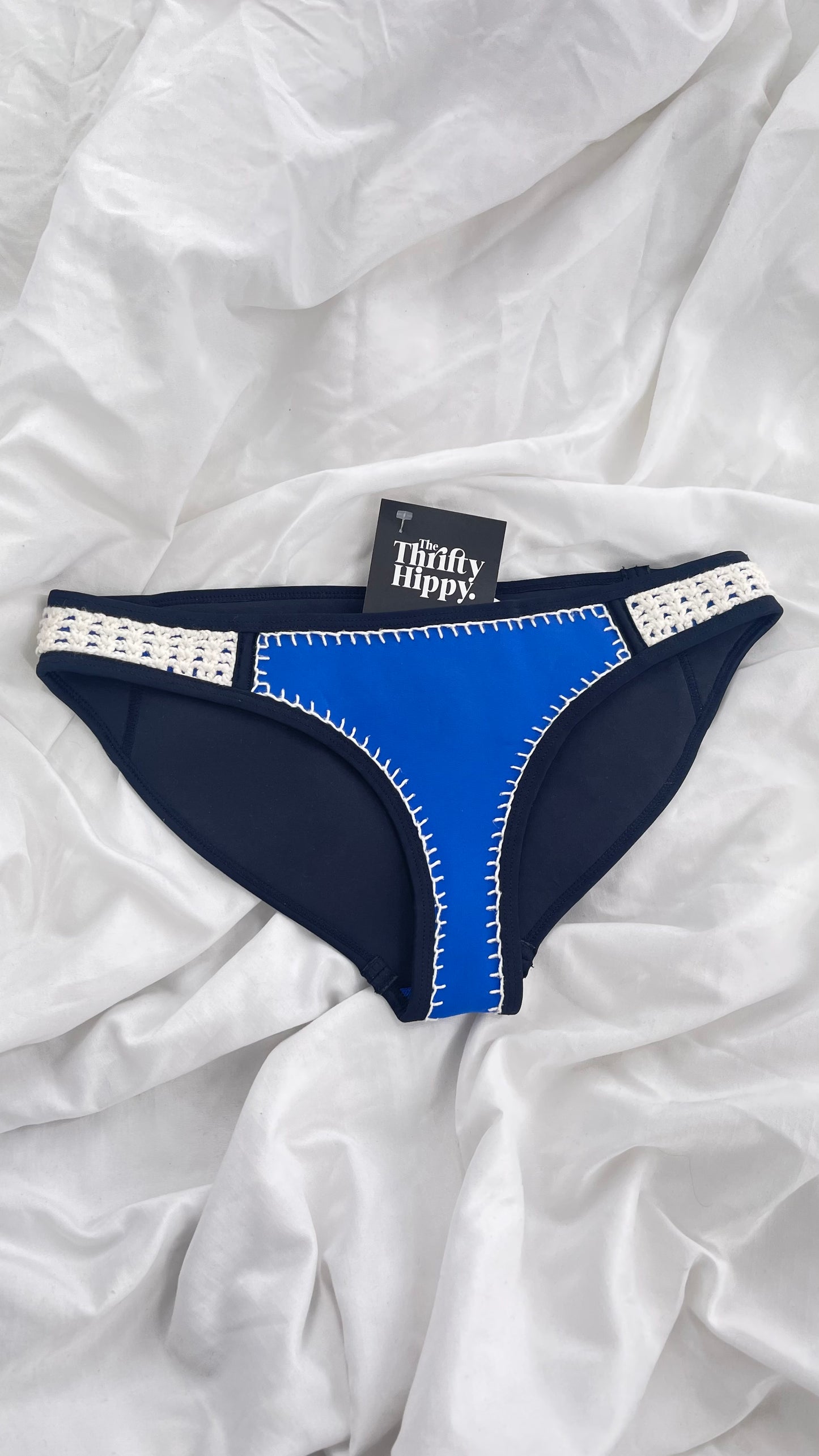 TRIANGL Swim Royal Blue and Black Neoprene Swim Bottoms with Crochet Sides (Small)