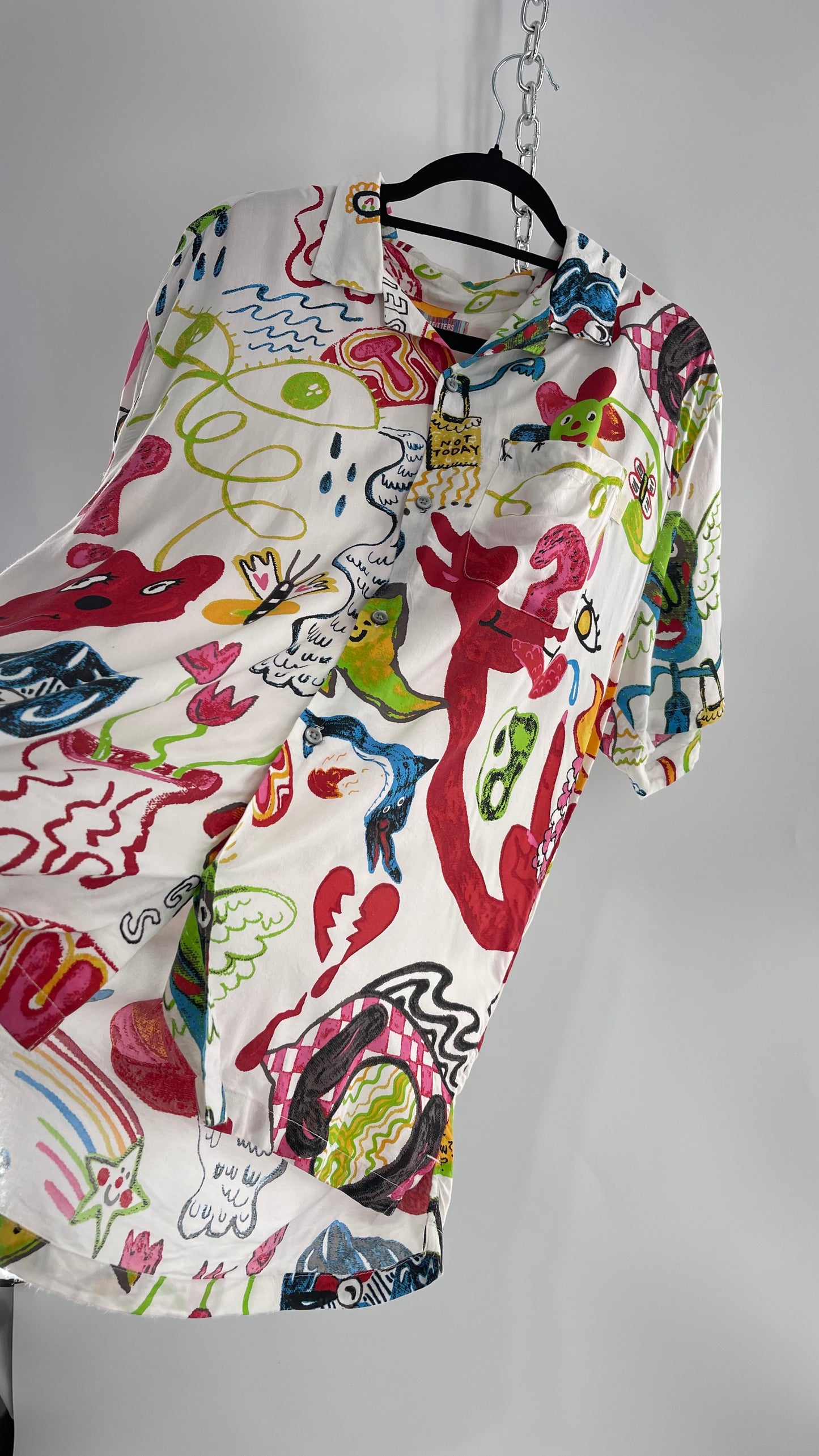 Urban Outfitters Happy Days Colorful Doodle Button Up (Large)