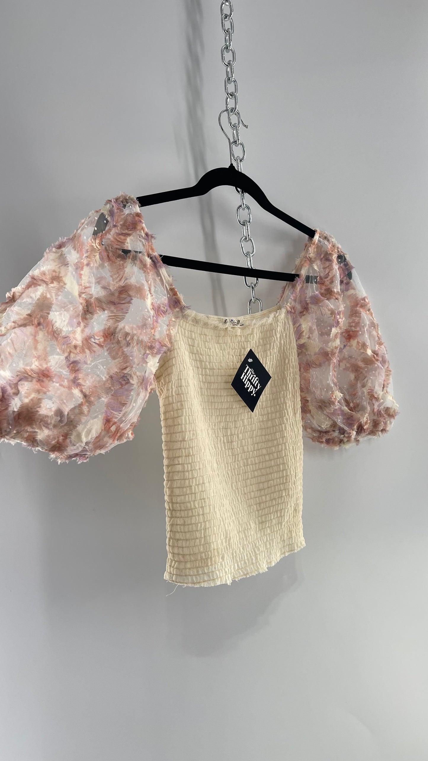 Free People Flower Girl Delicate Romantic Puff Sleeve Top with Smocked Mesh Body (Small)