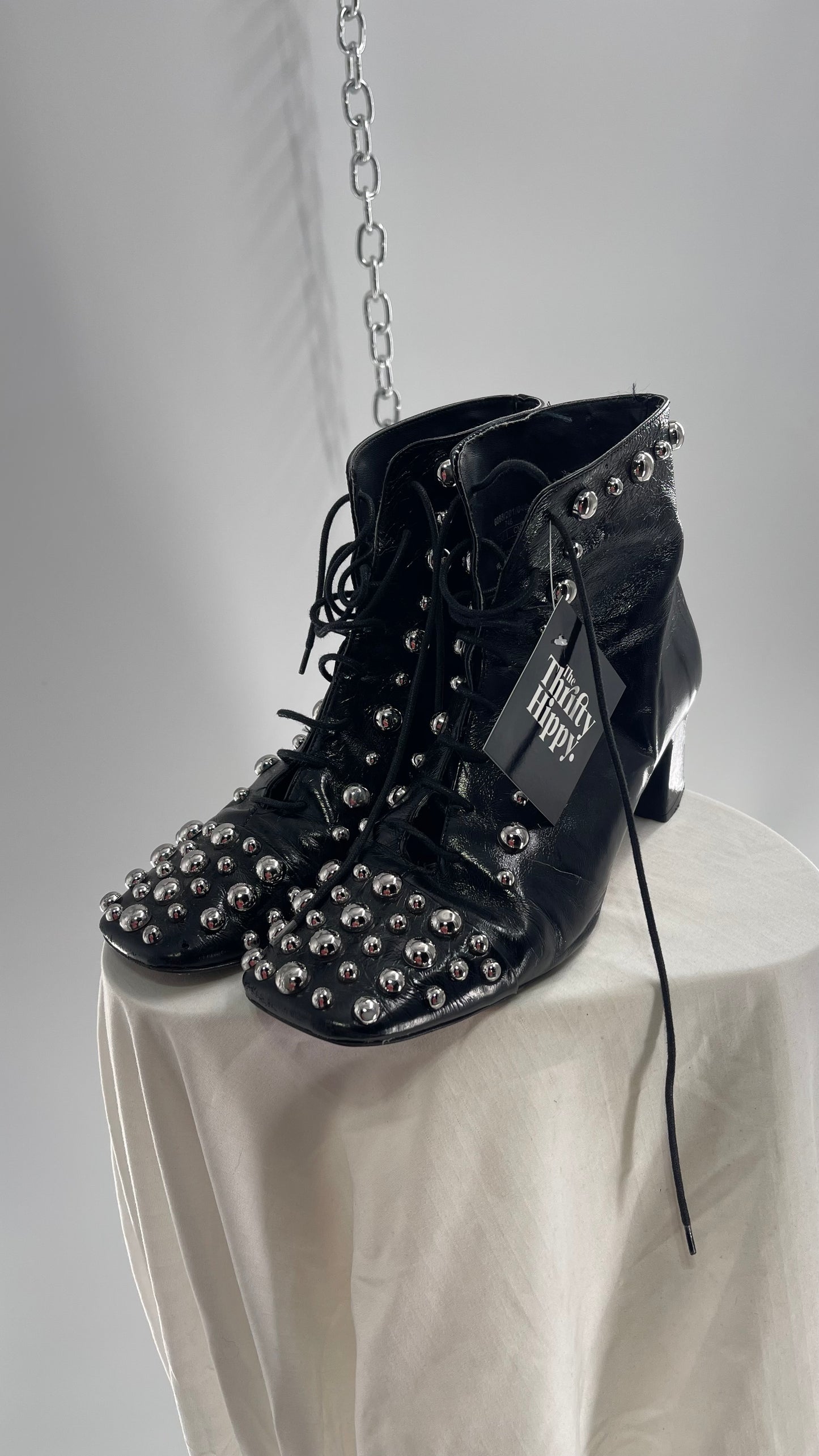 ZARA COLLECTION Worn Dramatic Studded Heeled Combat Boots (40)