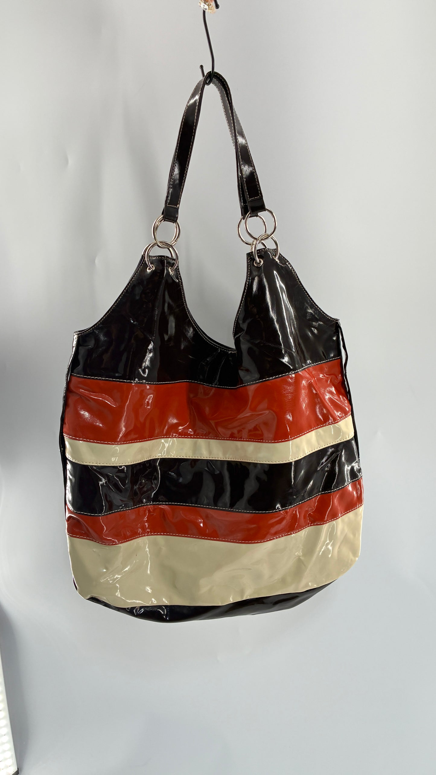 Vintage CANDIES Patent Oversized Striped Brown, Cream, Orange Tote