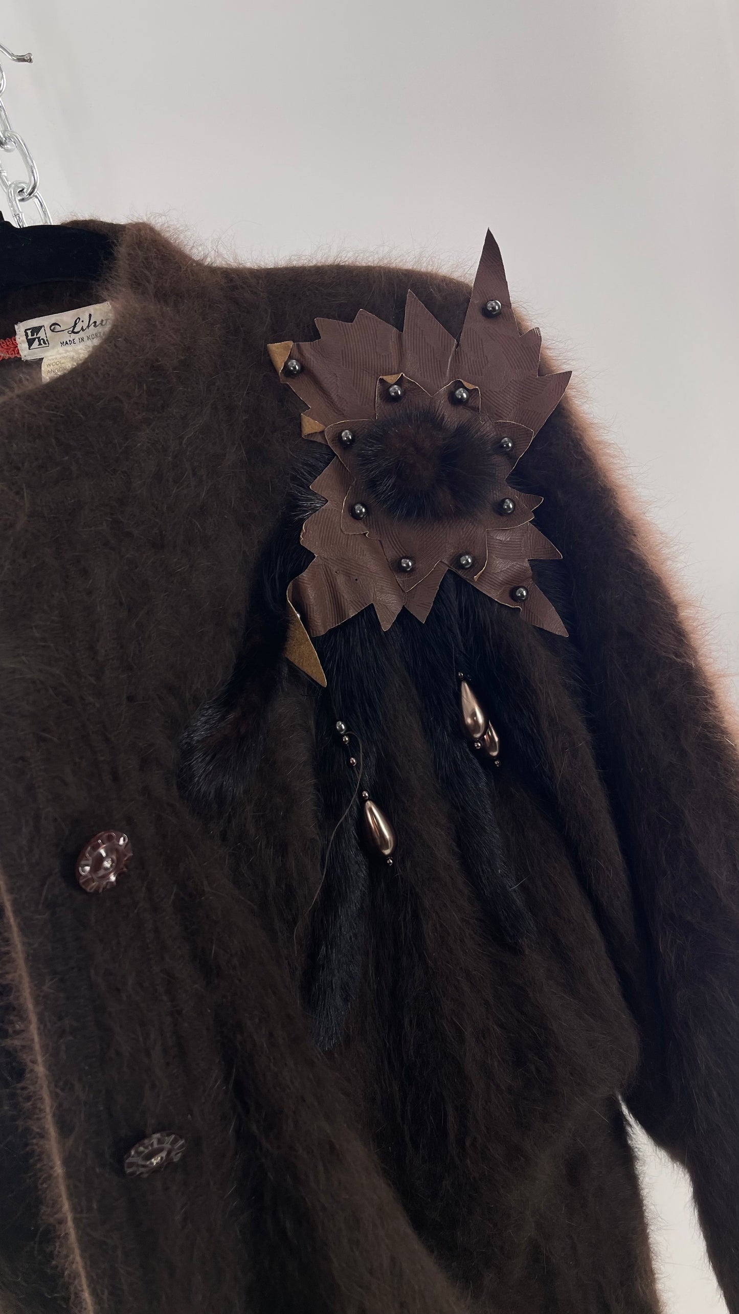 Liho Korean Vintage Brown Cardigan with Leather, Fur and Beaded Detailing 15% Wool 75% Angora  (C)(Medium)