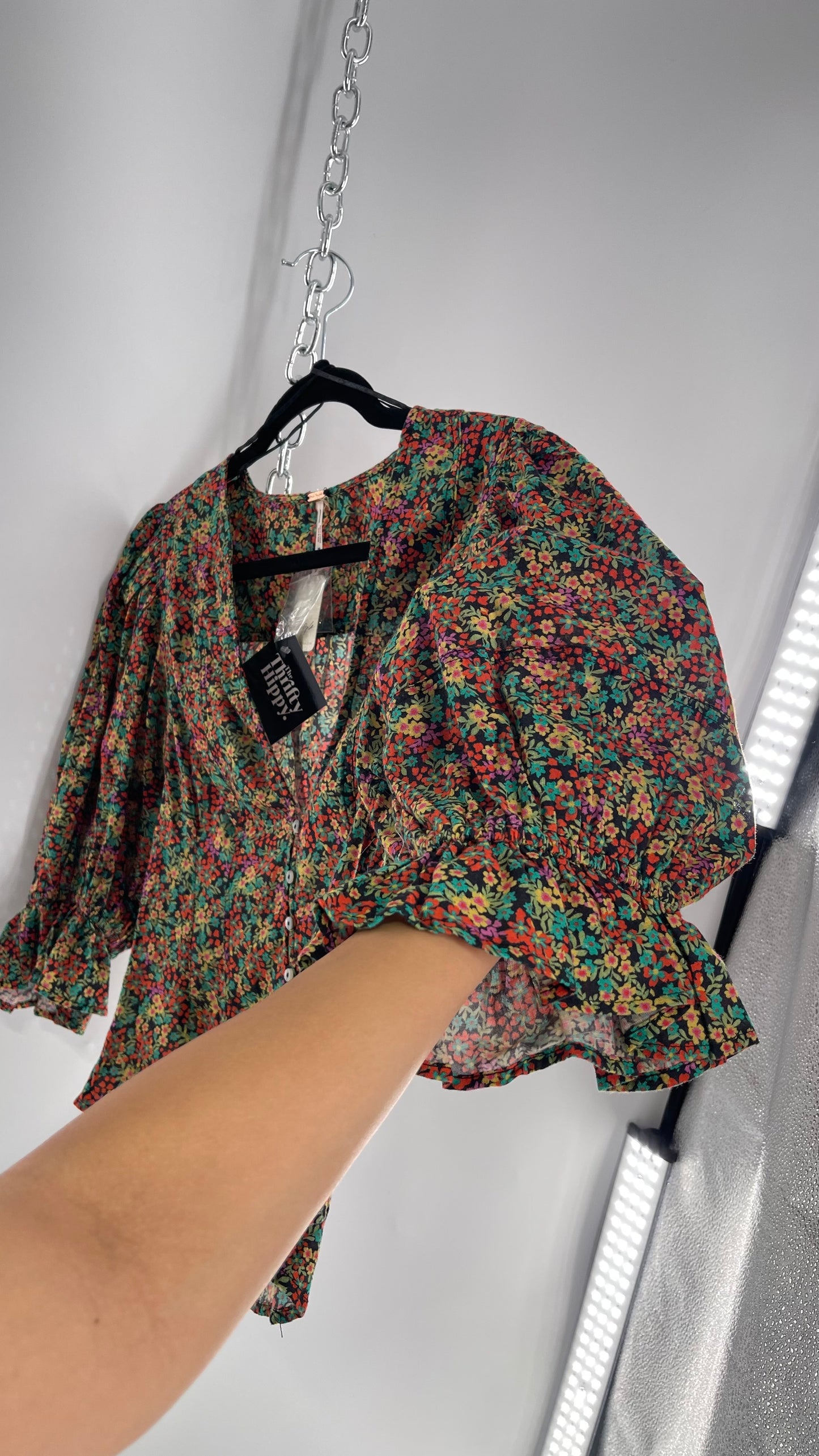 Free People 100% Cotton Colorful Florals Blouse with Deep V, Puff Sleeves, Button Front, and Tags Attached (Small)