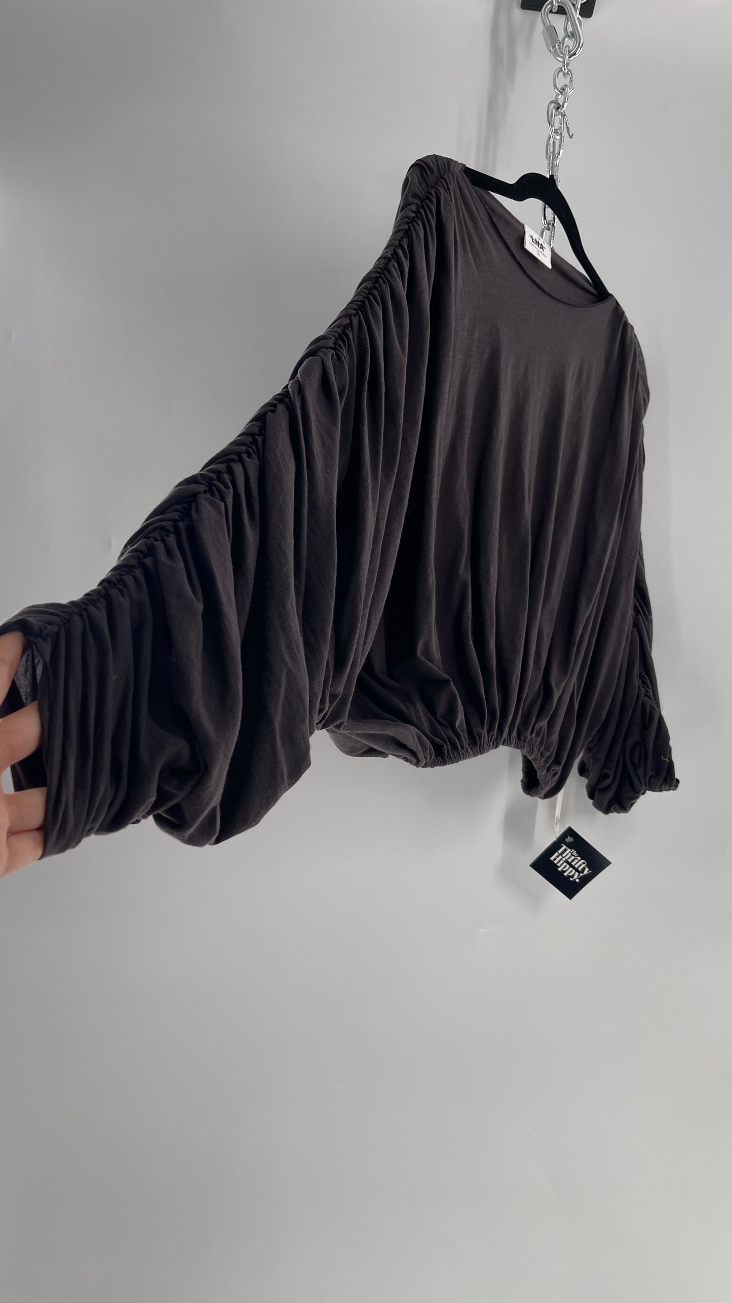 LNA California Made Free People Distopian Dark Grey Drape, Slouchy Ruched Long Sleeve with Tags Attached (Small)