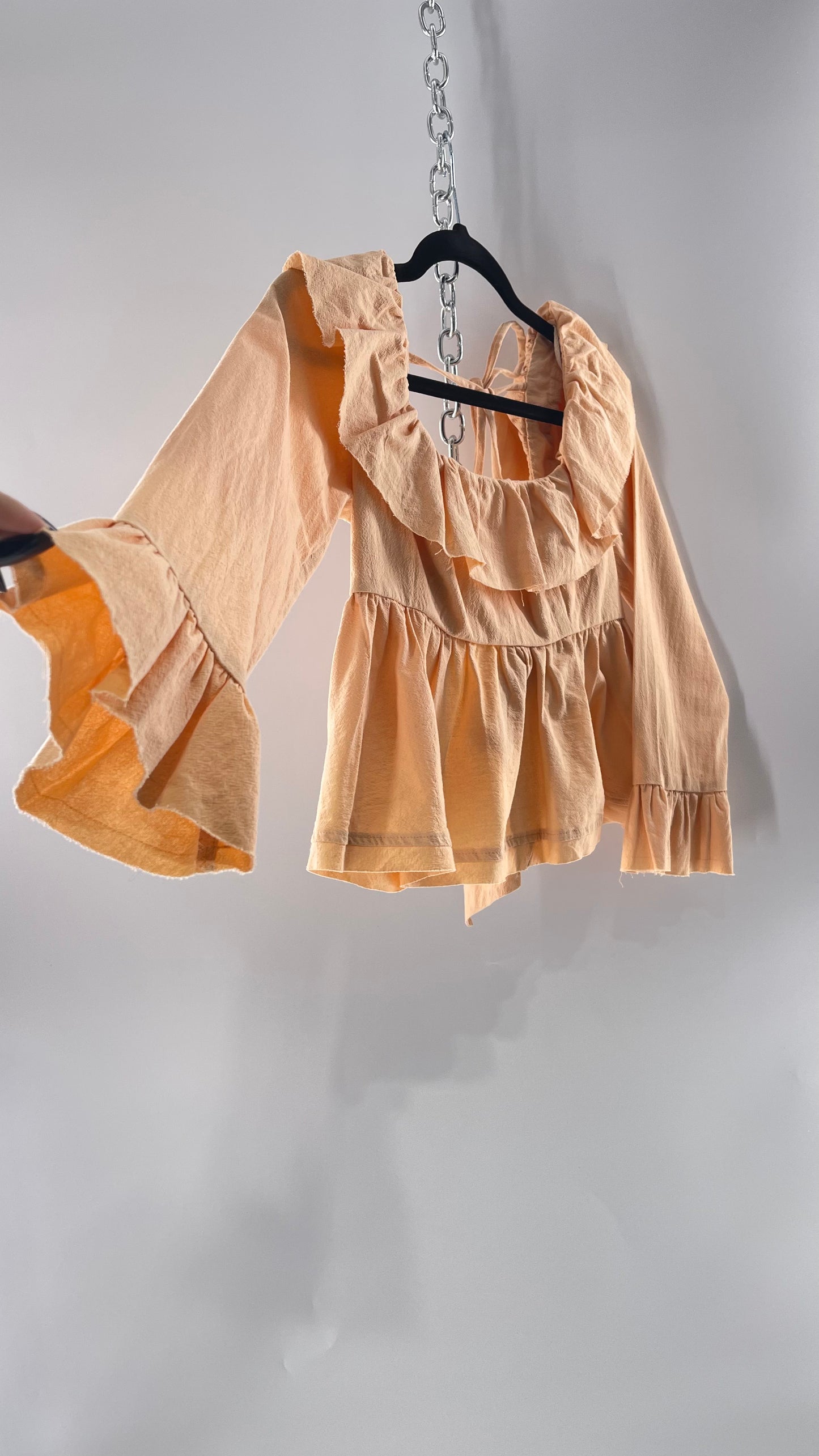 Free People Pumpkin Light Orange Backless Bow Back Cropped Blouse with Ruffle Sleeve and Neckline (XS)