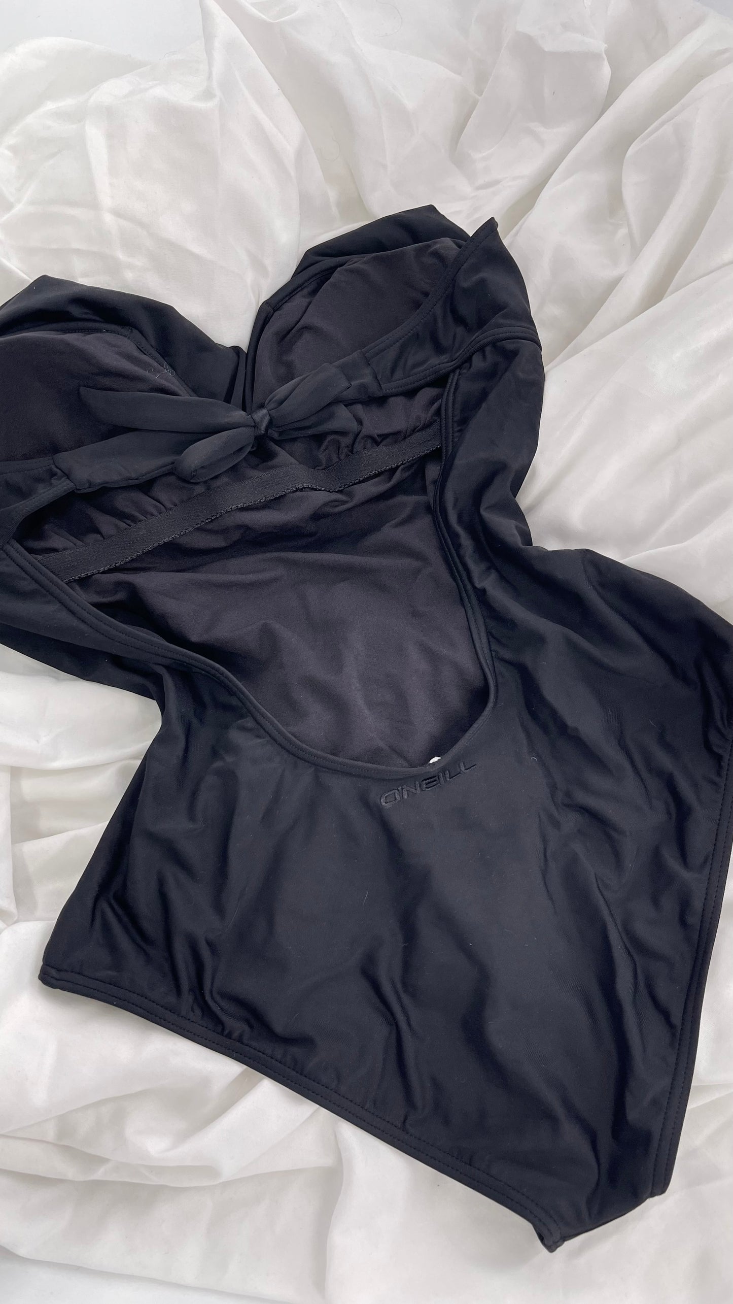 O’Neill Black Swimsuit with Built in Bra with Ruffled Bust, Open Back, Straps and Tags Attached (Large)