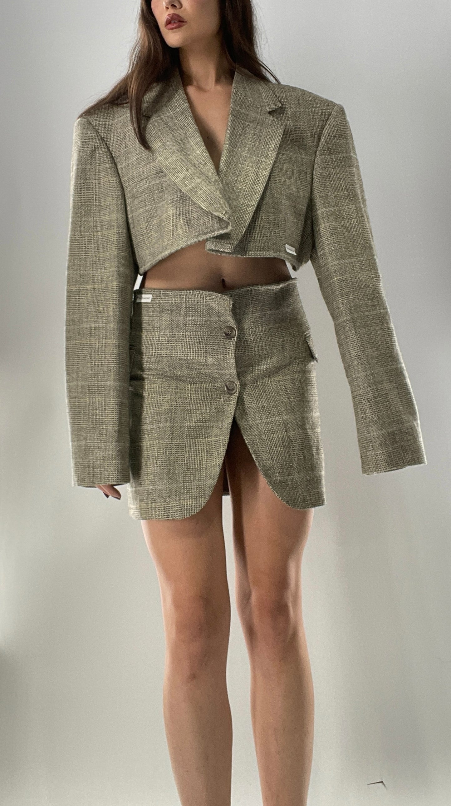 Vintage HAGGAR Handmade Upcycled Suit Set: 70% Wool Grey Blazer and Mini Skirt