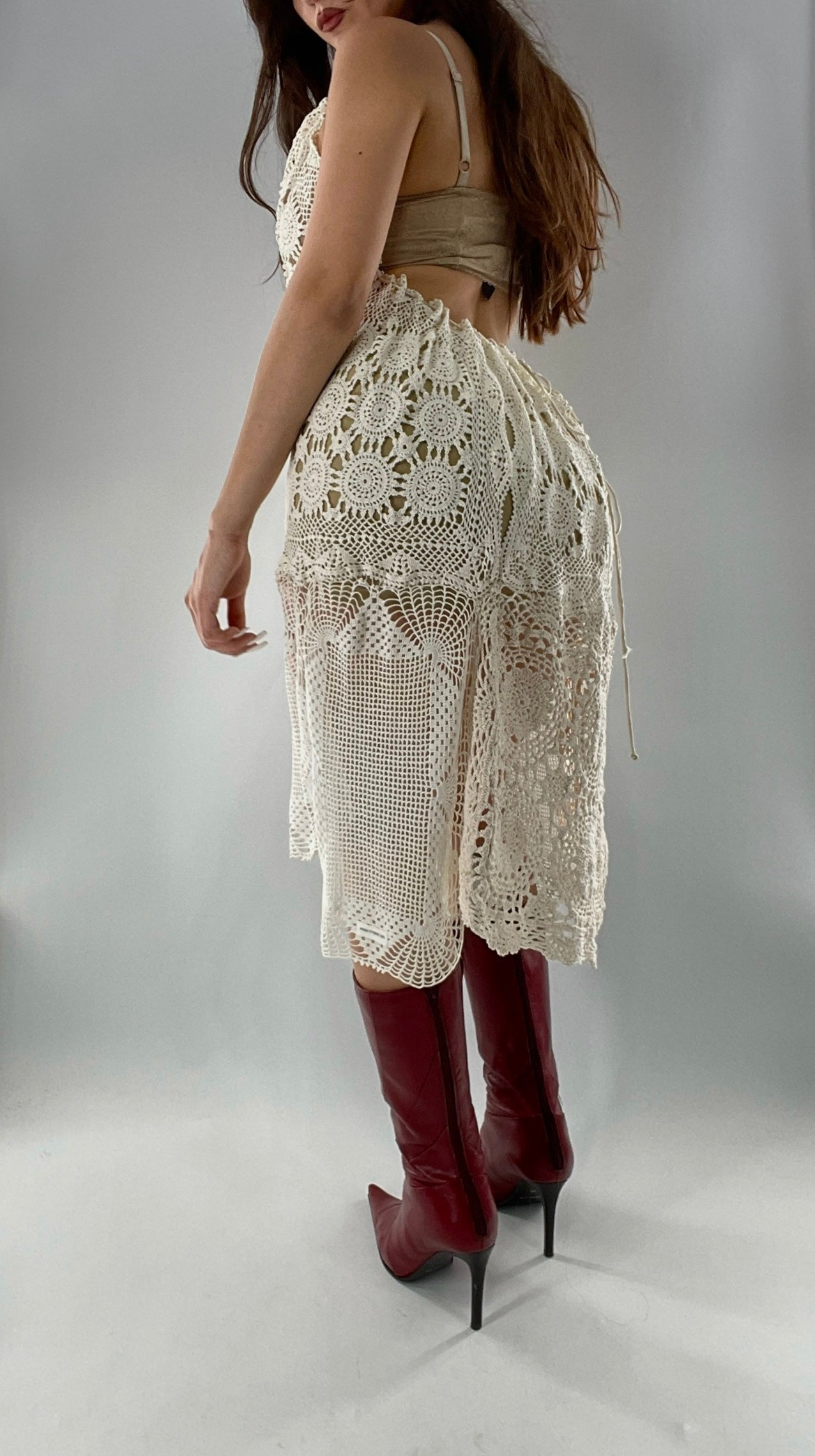 Vintage Handmade Crochet Cottage Adjustable Dress with Open, Low Back (One Size)