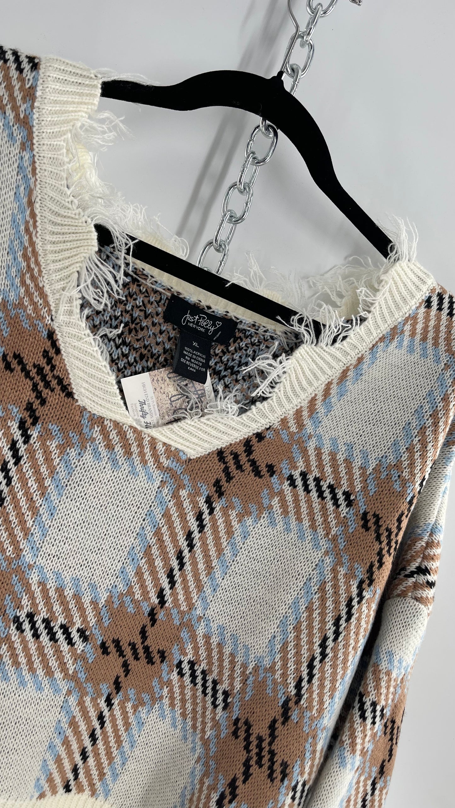 Fashion Nova Plaid Powder Blue/Tan Distressed Sweater