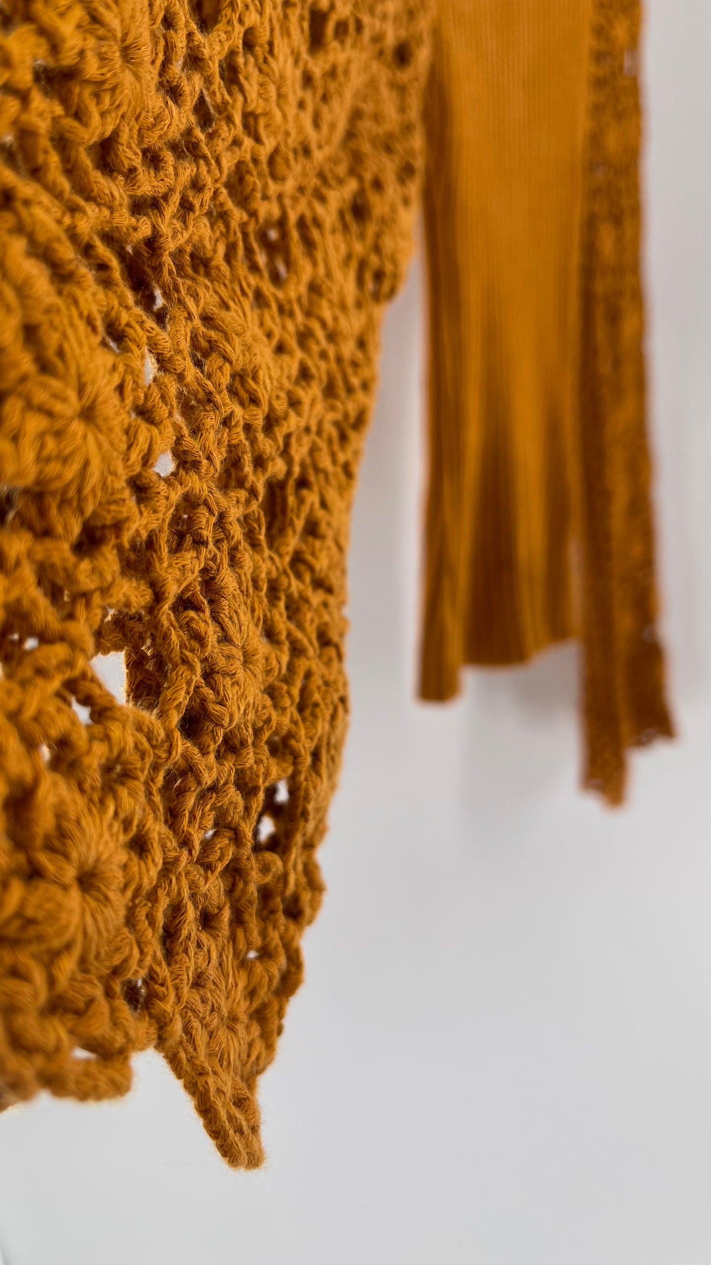 Love Colétte Mustard Sweater with Crochet Bell Sleeve (Large)