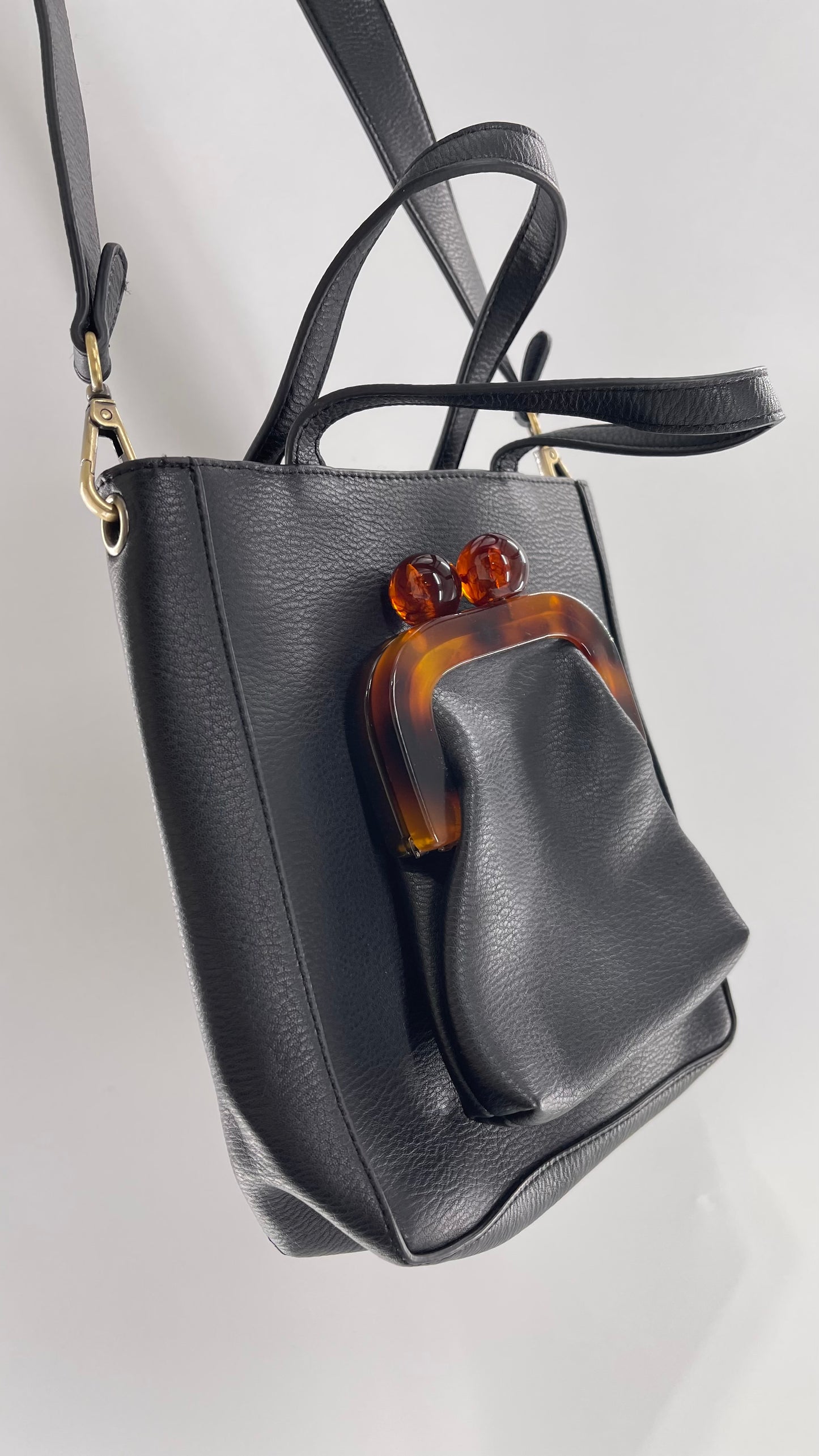 Anthropologie Black Vegan Leather Purse with Detachable Coin Purse and Strap