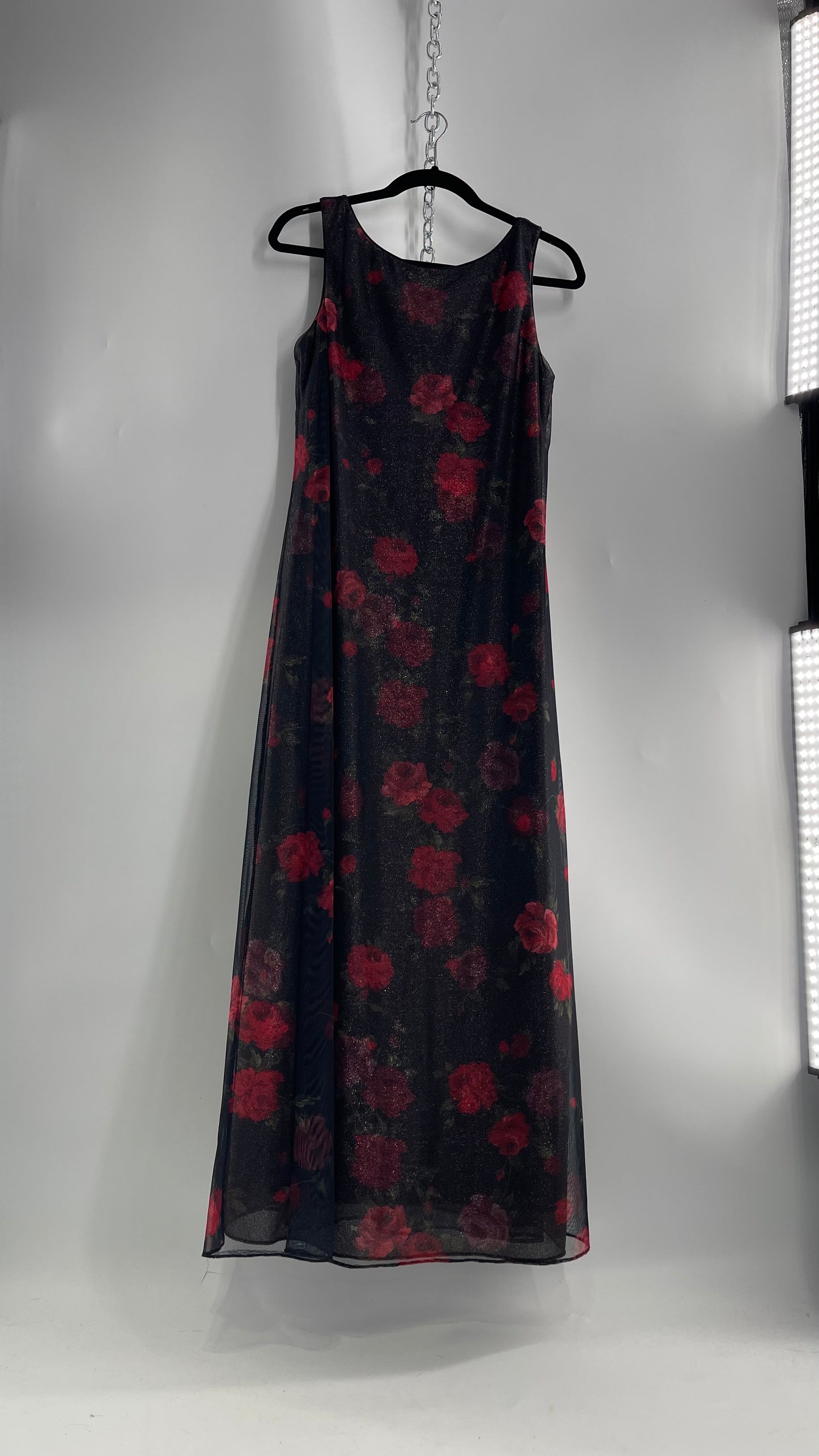 Vintage TEDDI EVENING Dress with Red Rose Layer Over Glitter Graphic and Black Base Layer (10)