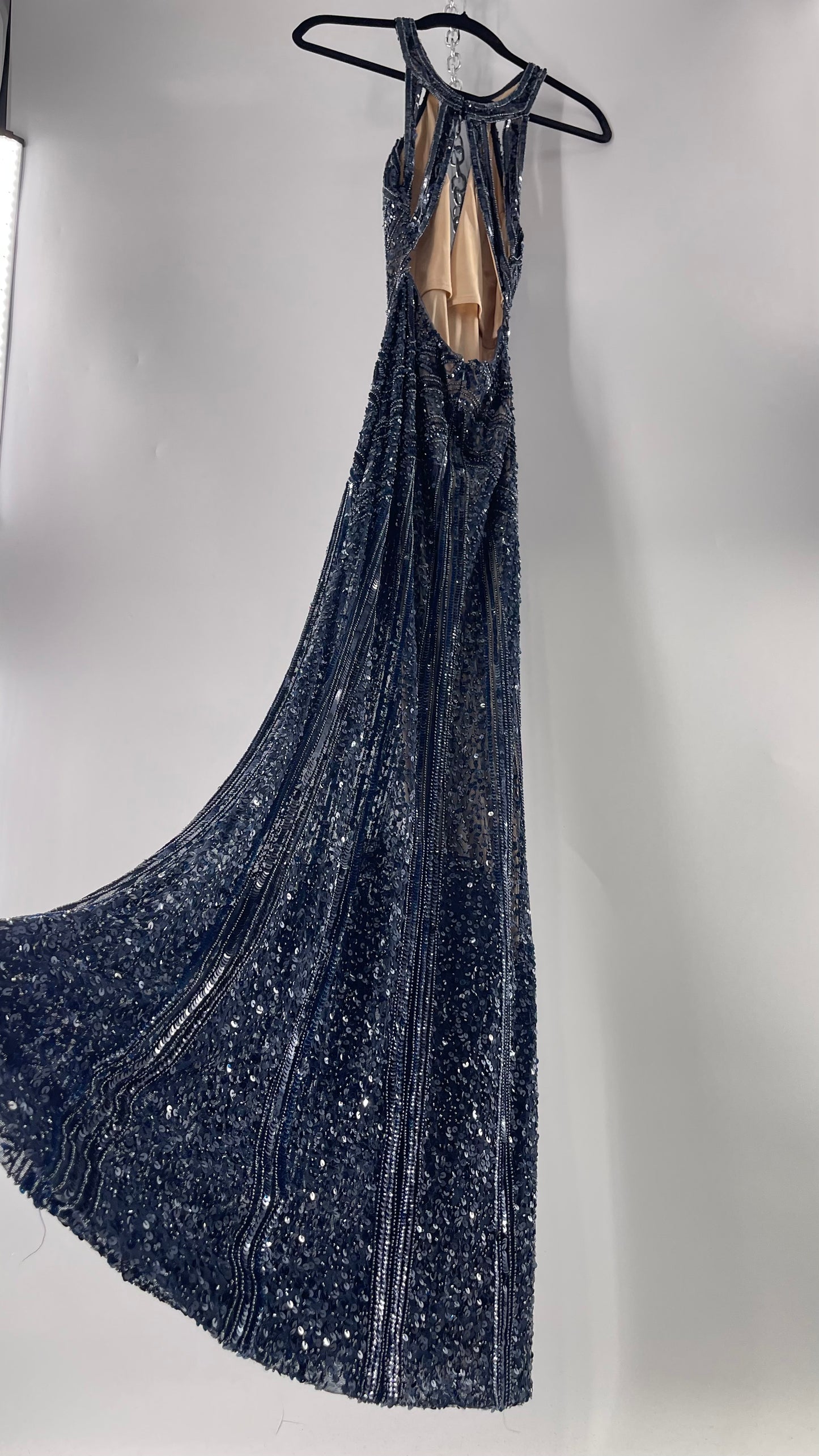 Vintage SCALA Navy Blue Beaded Floor Length Gown with Plunging Neckline, Backless Detail, and Tan Underlay (C)(4)