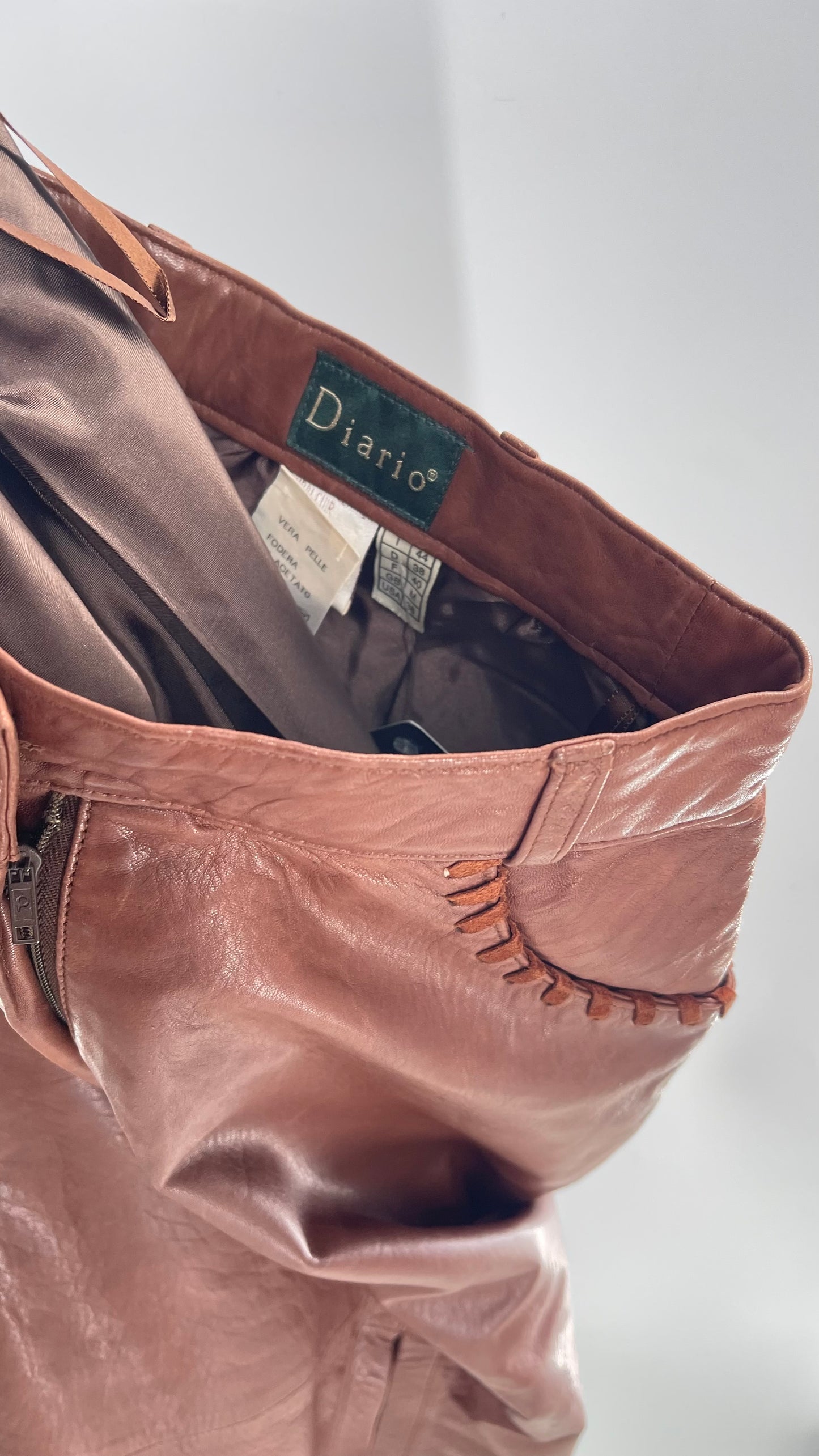 Vintage Diario Italian Brown Leather Long Skirt with Suede Stitch Detail (36)