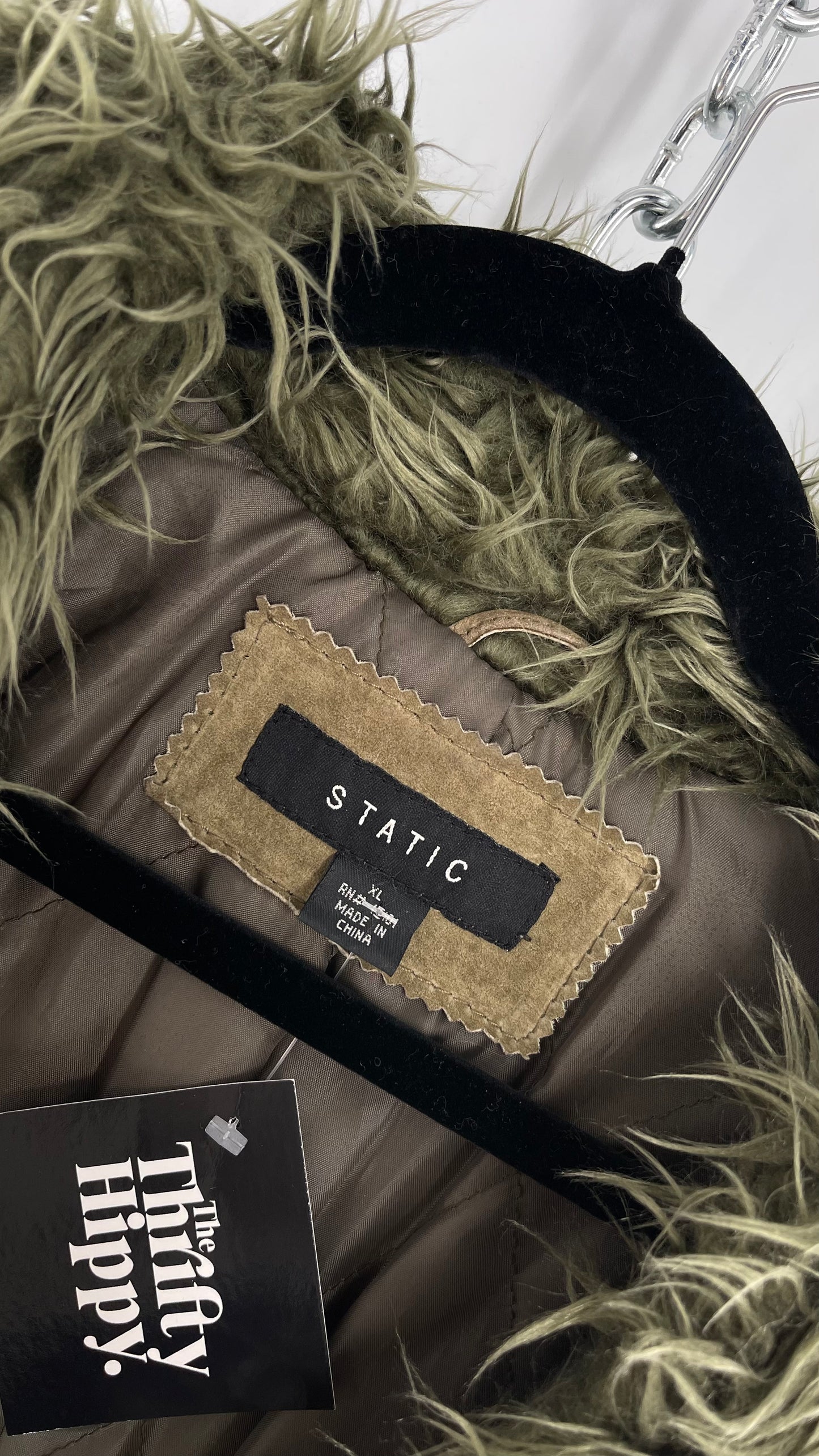 Vintage STATIC Embroidered Genuine Leather Coat with Fur Cuffs and Collar (C) (XL)