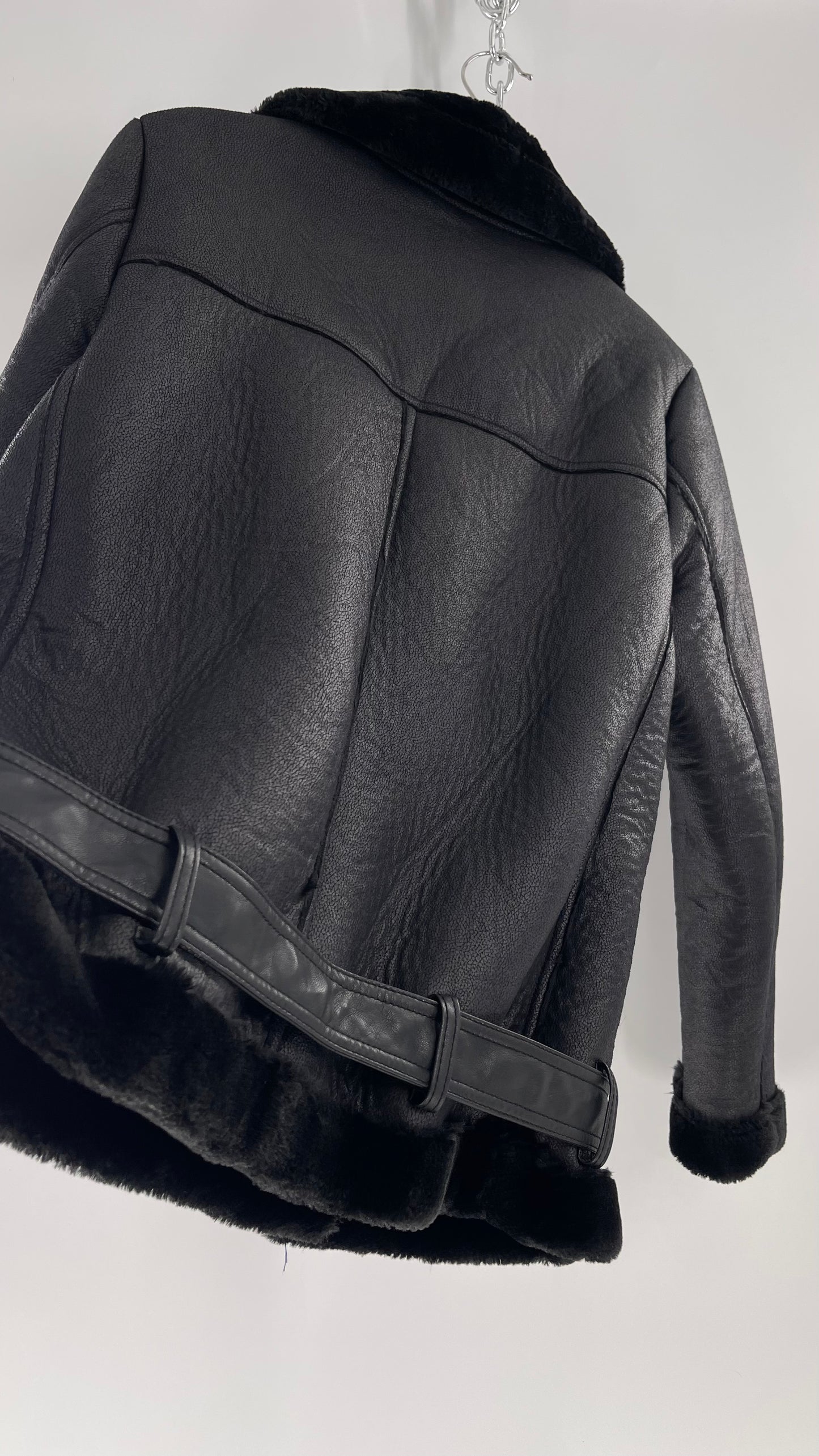H&M (C) Black Faux Leather Moto Jacket with Faux Fur Lining (10)
