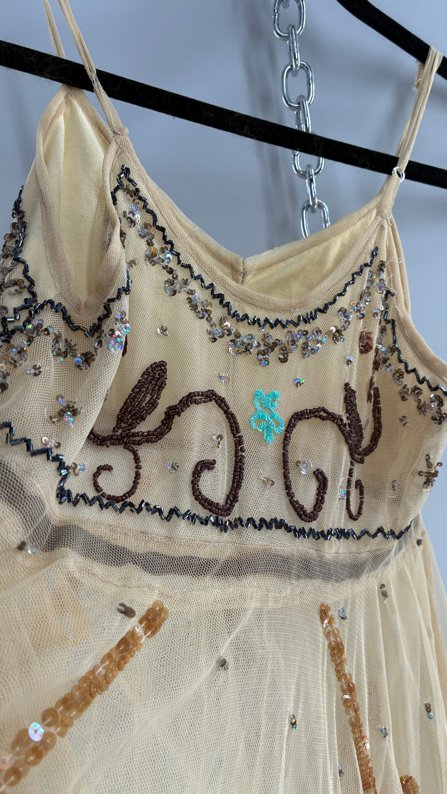 Handmade Beige Handkerchief Camisole with Hand Beaded Details (XS)