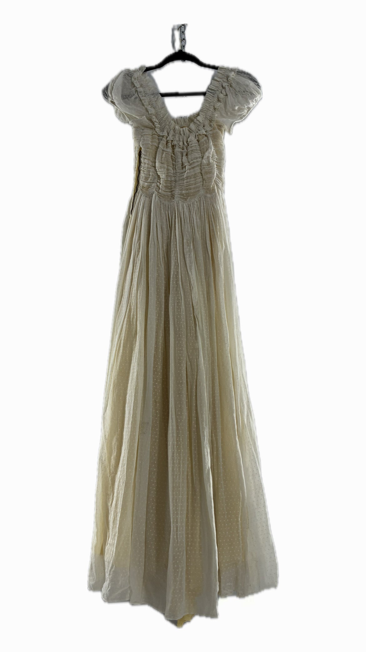 Vintage 1970s Off White Cotton Handmade Maxi Dress with Ruched Bodice, Puff Sleeves, and Polka Dot Texture (XS/S)