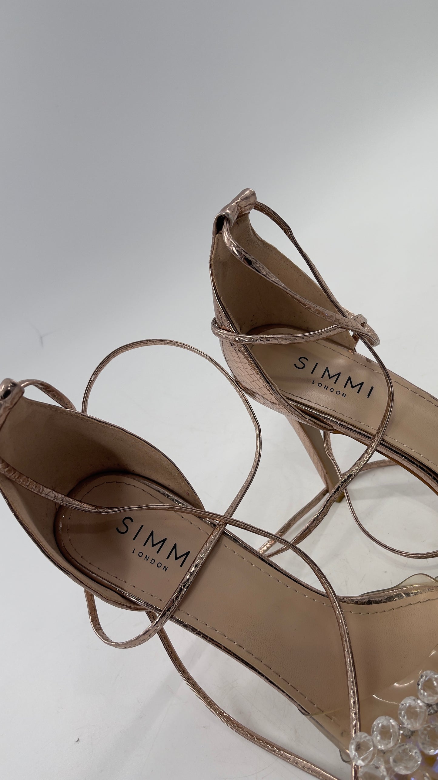 SIMMI LONDON Rose Gold Textured Heels with Clear Toe Strap Covered in Rhinestones/ Crystal Pendants and Tie Up Ankle Straps (7)