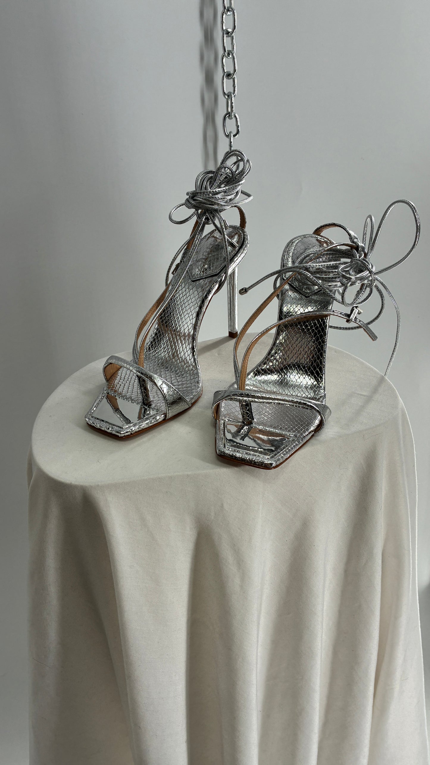 SCHÜTZ Silver Angular Tie Up Heels with Mirror Toe Detail (7)