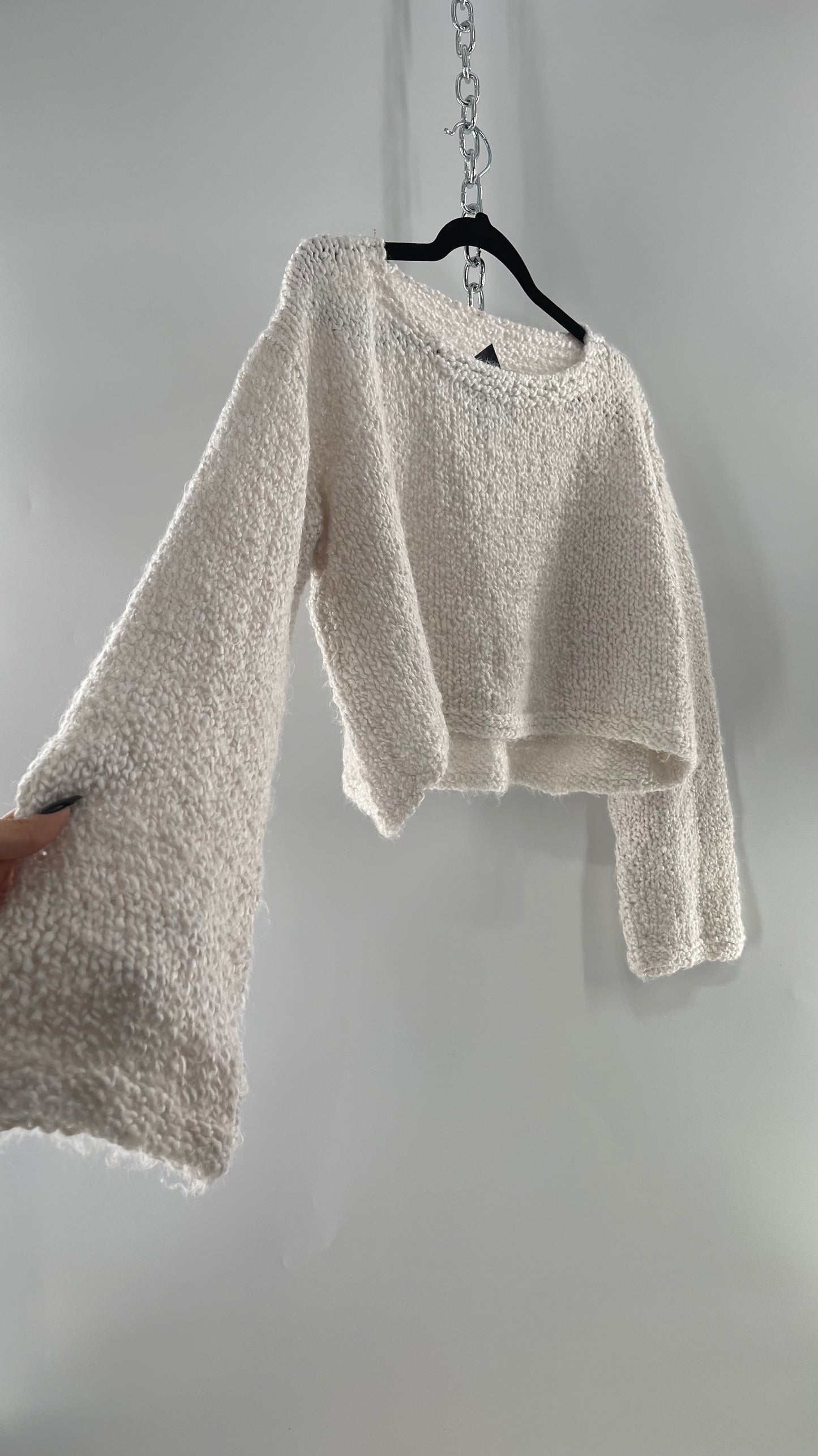 White Slouchy Comfy + Cozy Knit Cropped Sweater (M)